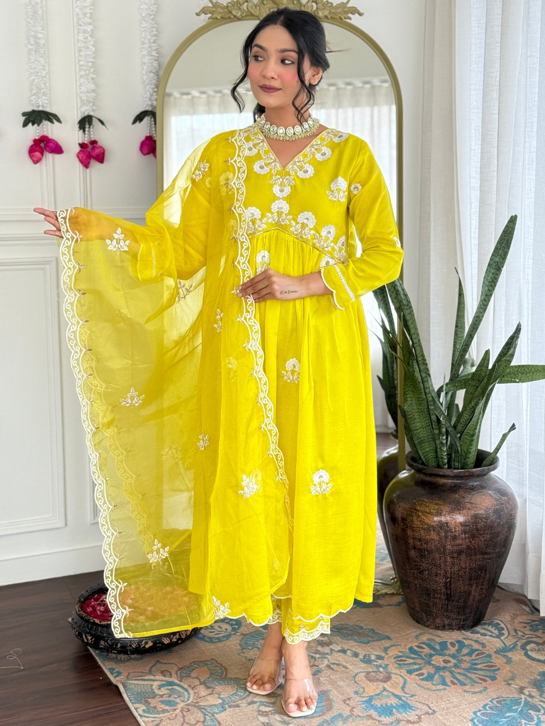 Lemon Vichitra Silk Elegant Kurta Pant Set With Embroidery Work
