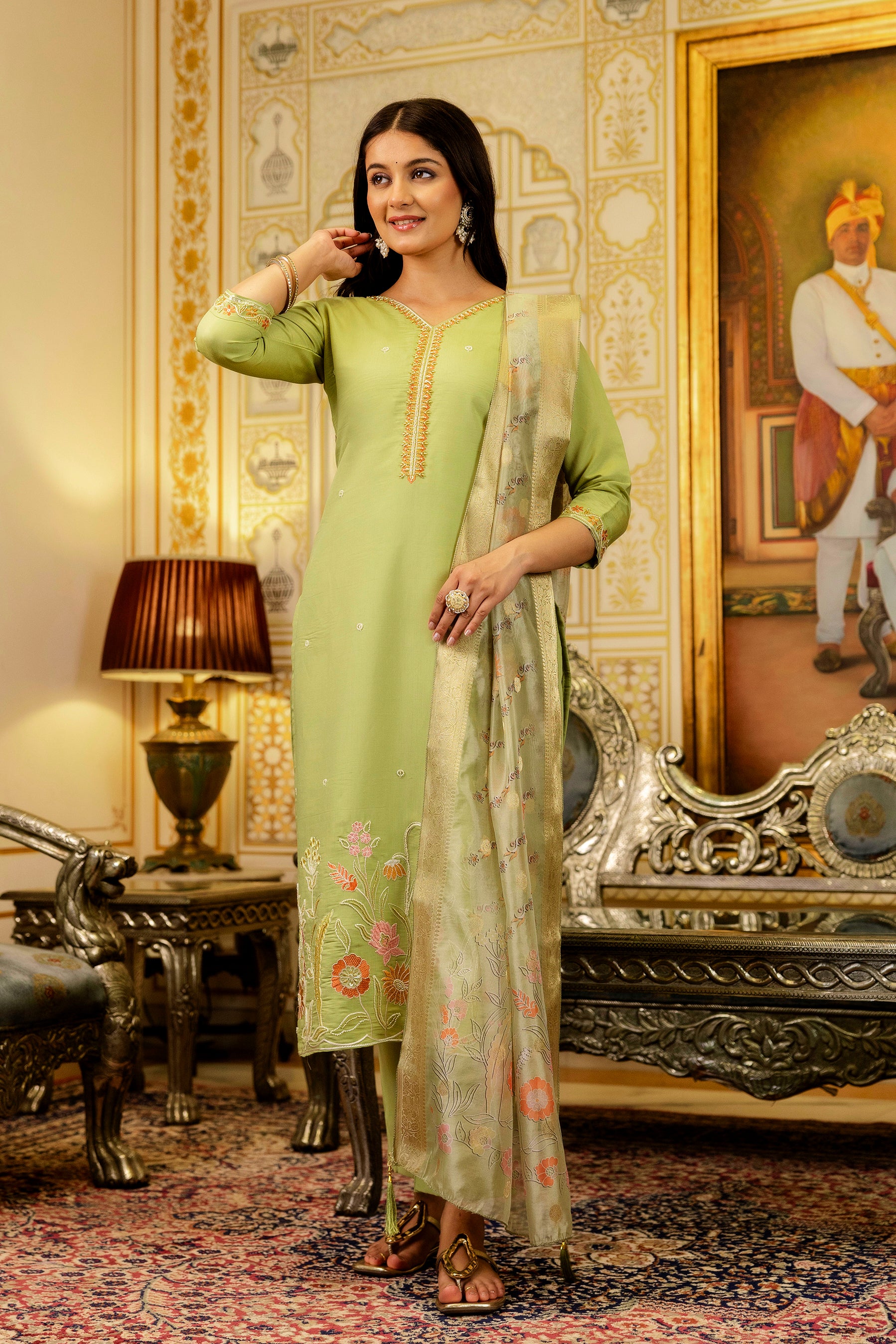 Lemon Viscose Simer Kurta Pant Set With Thread Embroidered With Beads Work With Printed Dupatta