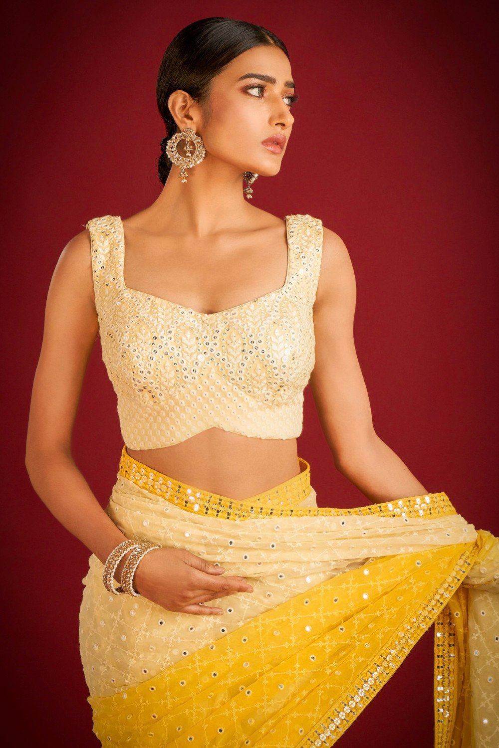 Lemon Yellow Colour Georgette Embroidery Work Saree