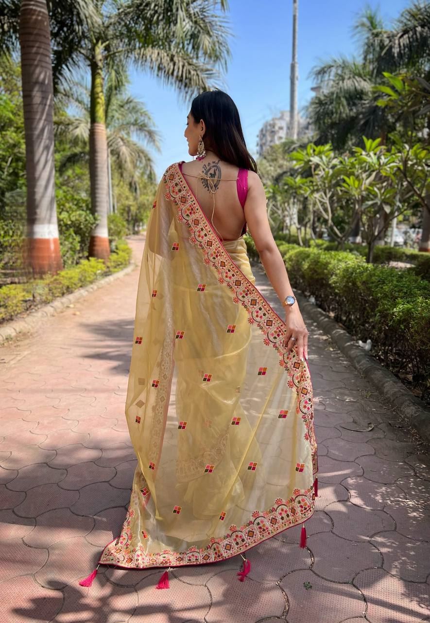 Lemon Yellow Colour Twill Net Designer Embroidery Work Saree