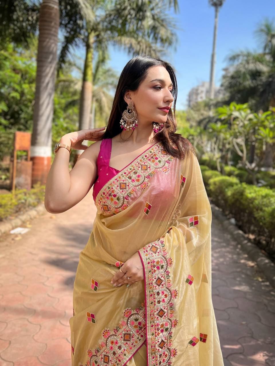 Lemon Yellow Colour Twill Net Designer Embroidery Work Saree