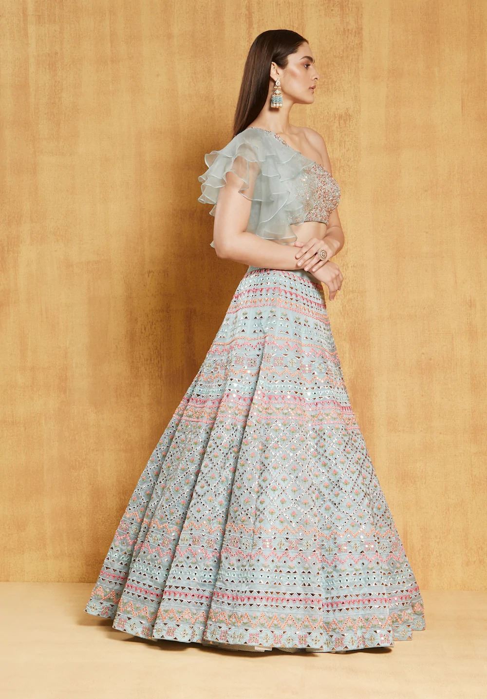 Light-Turquoise Lehenga Choli With Zari, Dori and Sequence Embroidery Work
