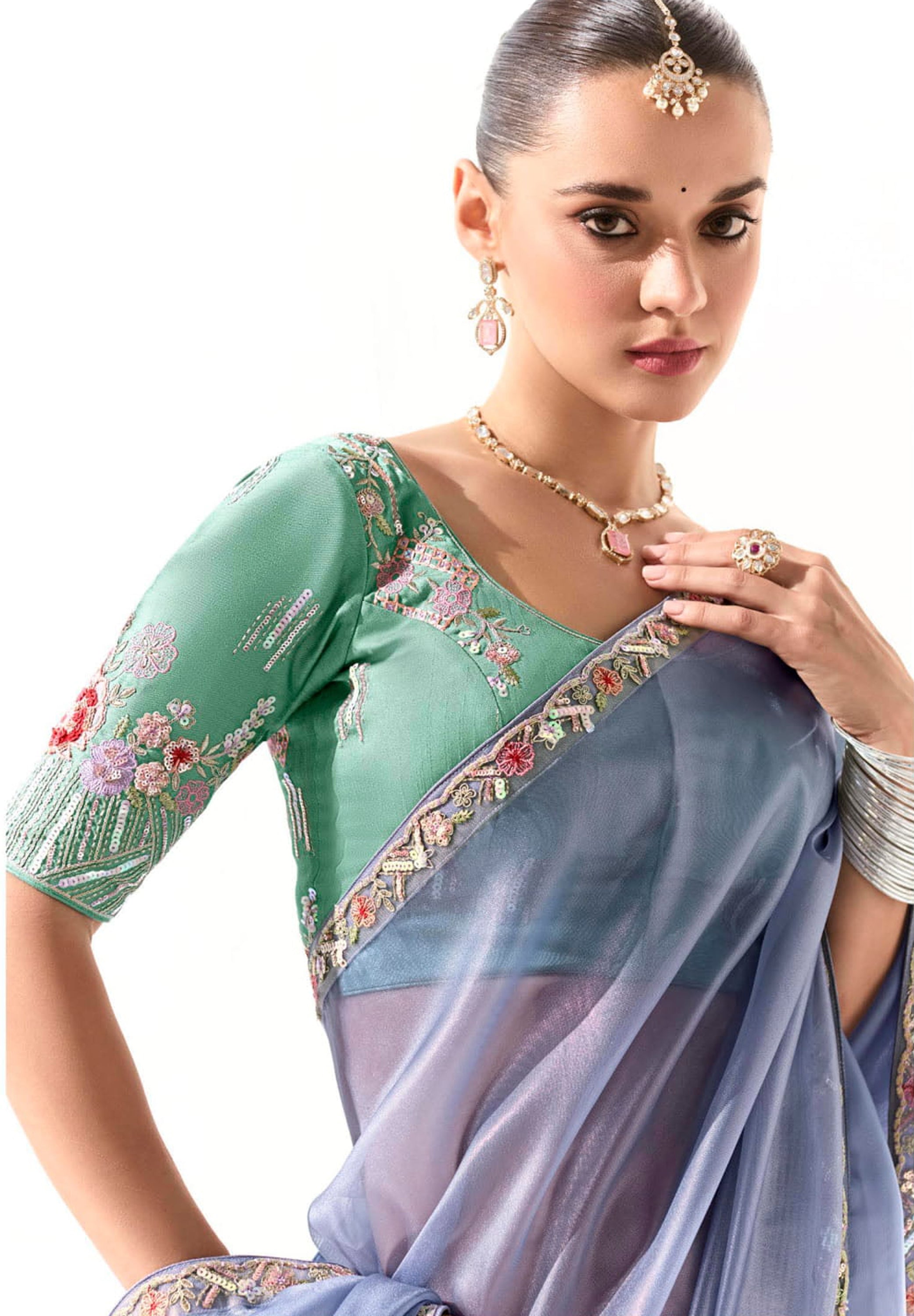 Light Blue Organza Tissue Saree With Heavy Work Border With Embroidered Blouse