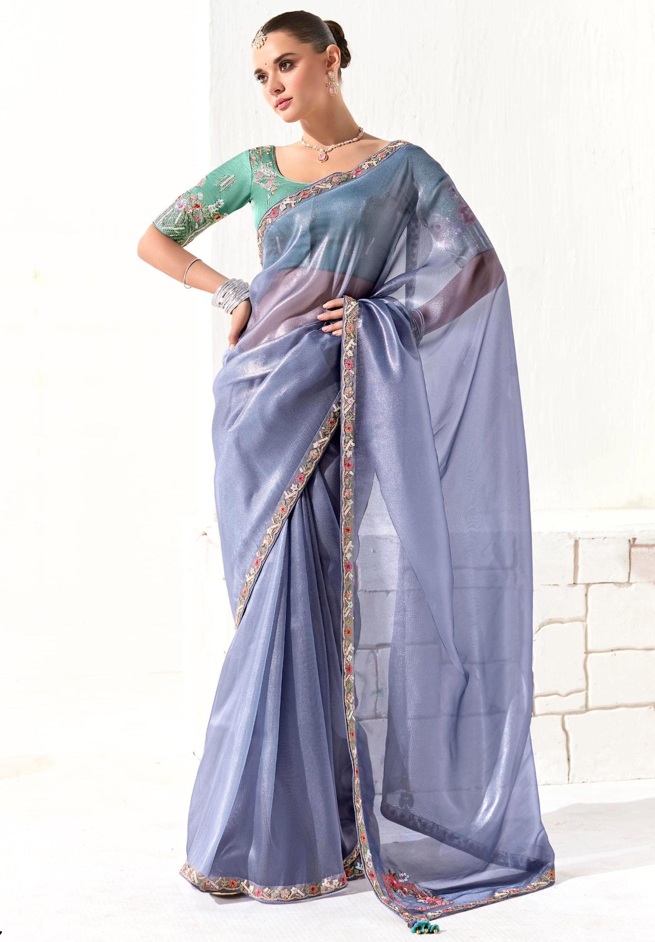 Light Blue Organza Tissue Saree With Heavy Work Border With Embroidered Blouse