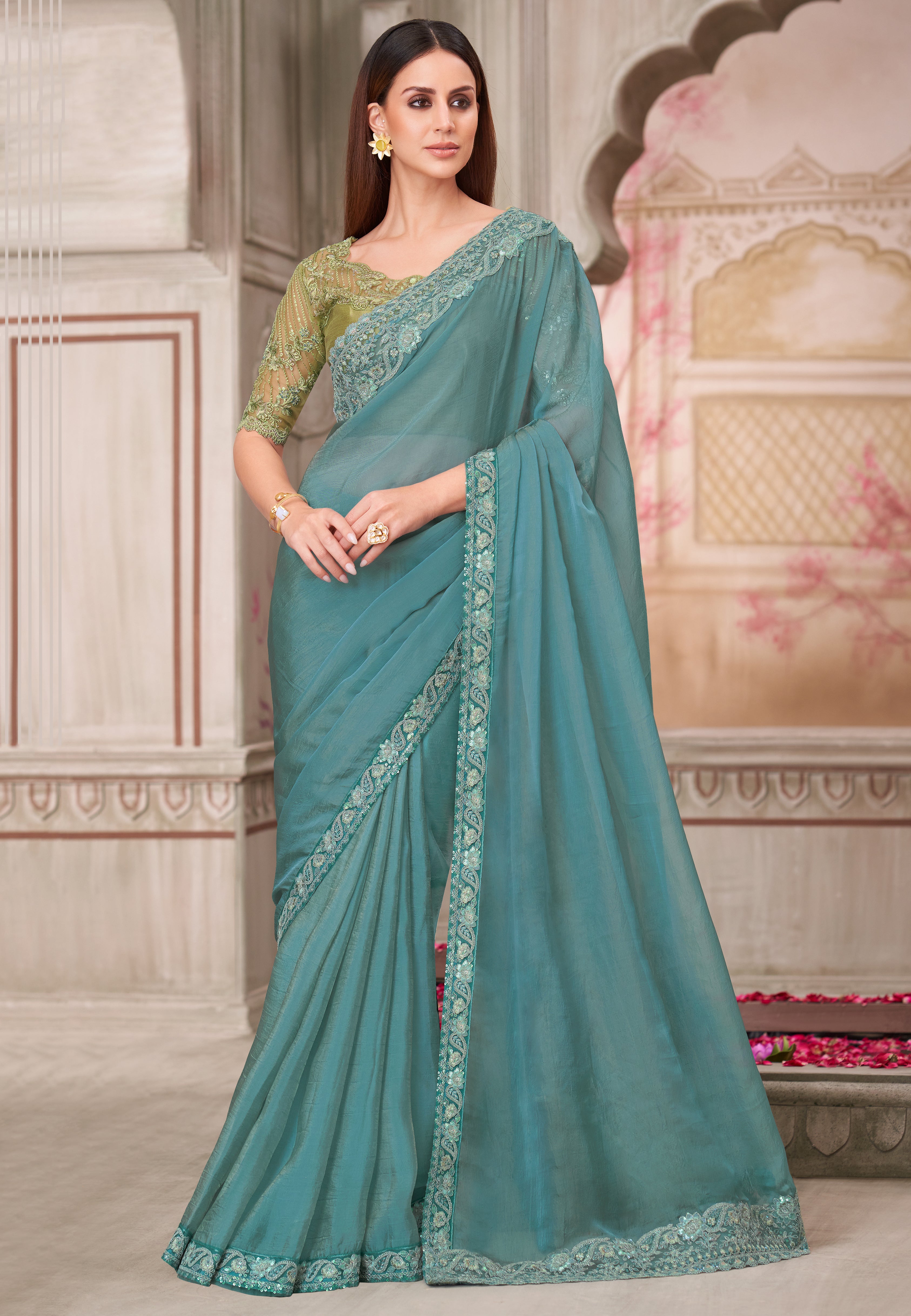 Light Blue Saree With Heavy Thread Embroidery Sequins Border Work With Embroidery Blouse