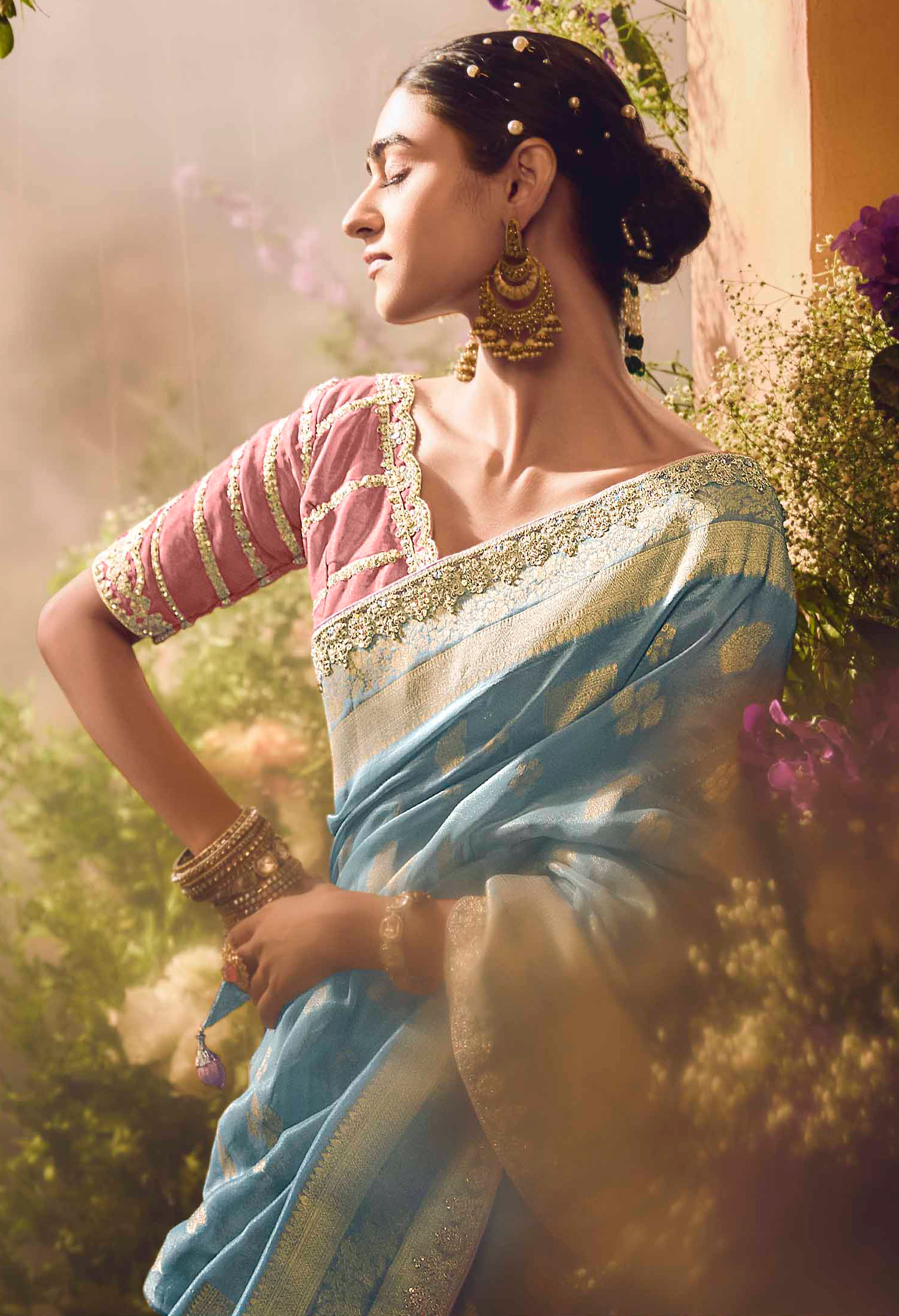 Light Blue Saree With Jacquard Woven Work with Embroidered Lace Border