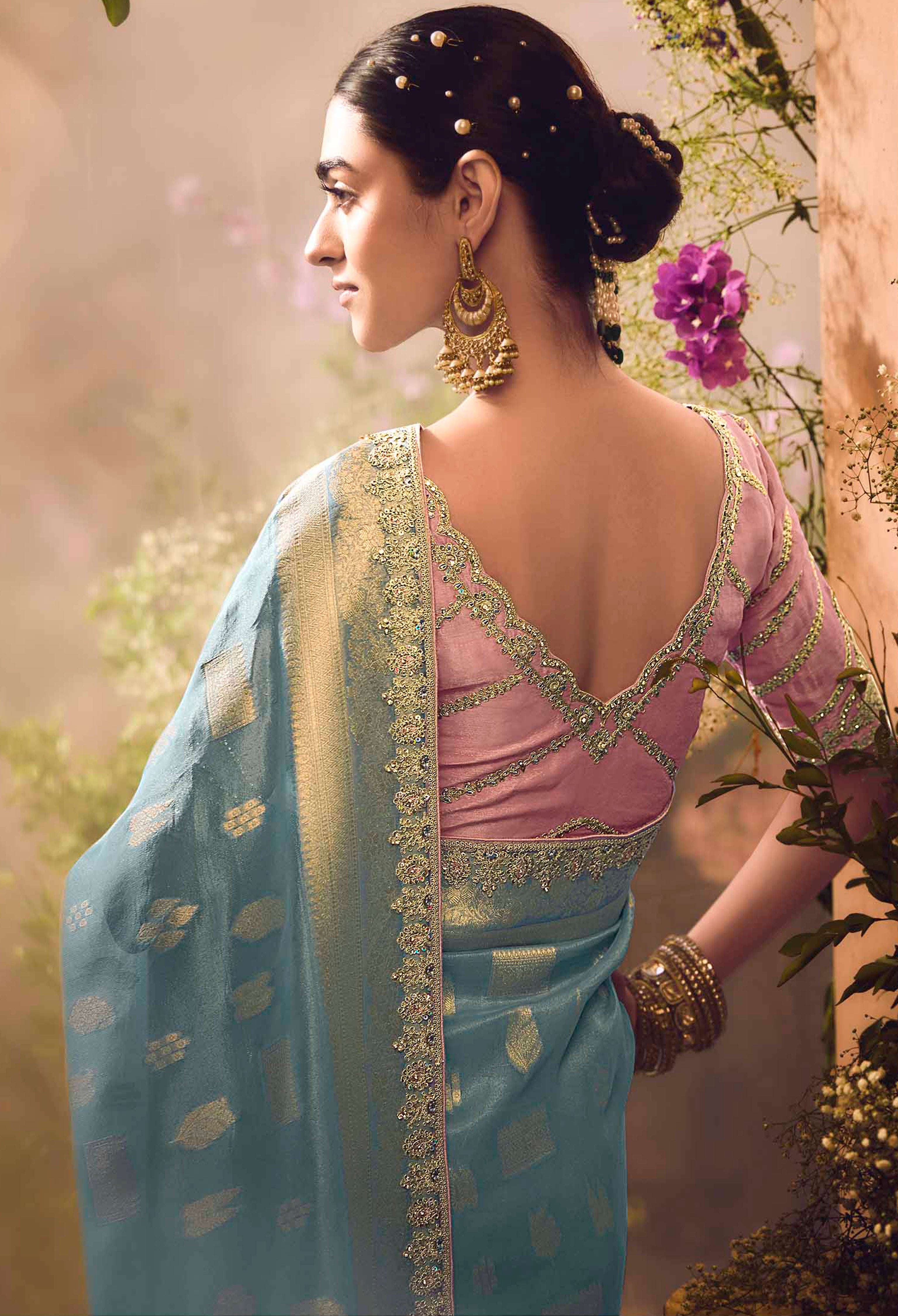 Light Blue Saree With Jacquard Woven Work with Embroidered Lace Border