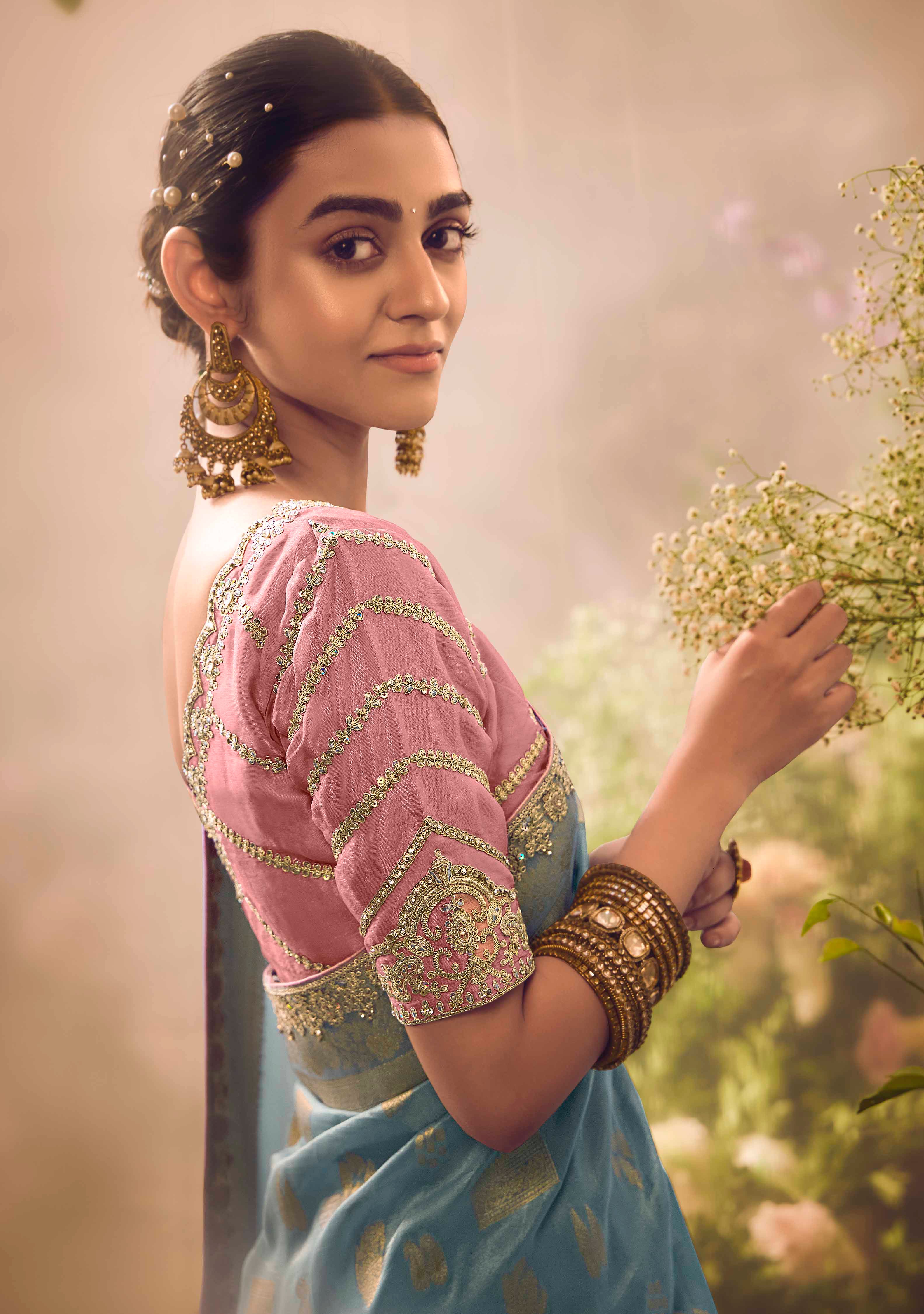 Light Blue Saree With Jacquard Woven Work with Embroidered Lace Border
