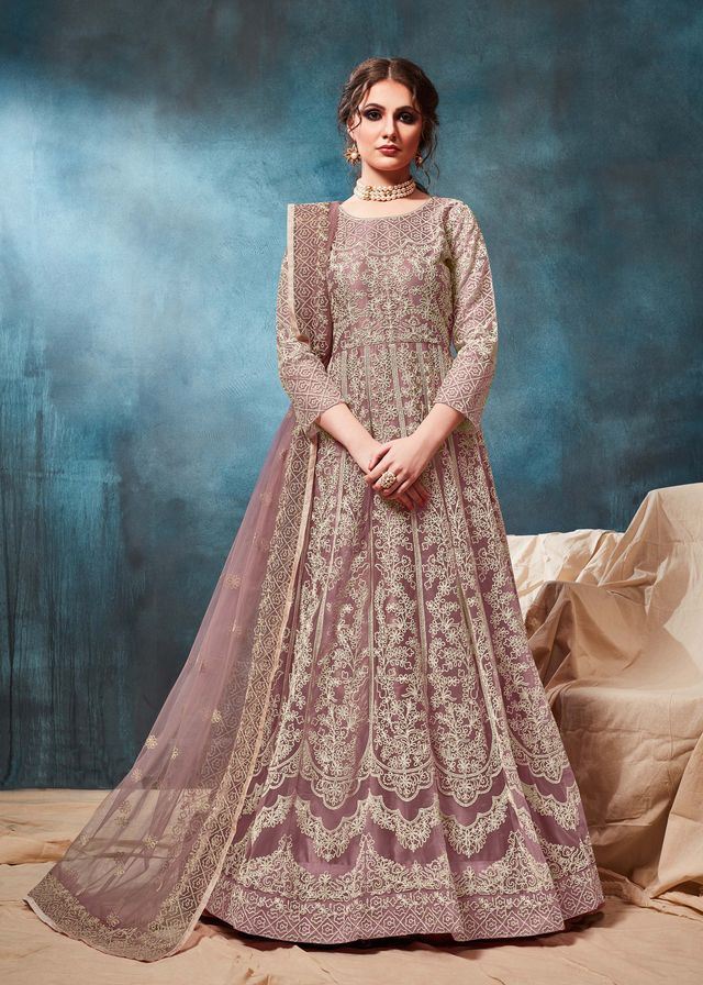 Light Brown Net Embroidered Anarkali Suits