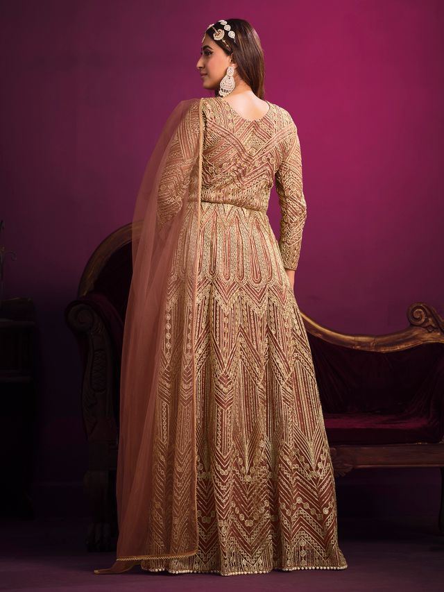 Light Brown Net Heavy Thread Embroidery, Zari With Sequins Work Anarkali Suits