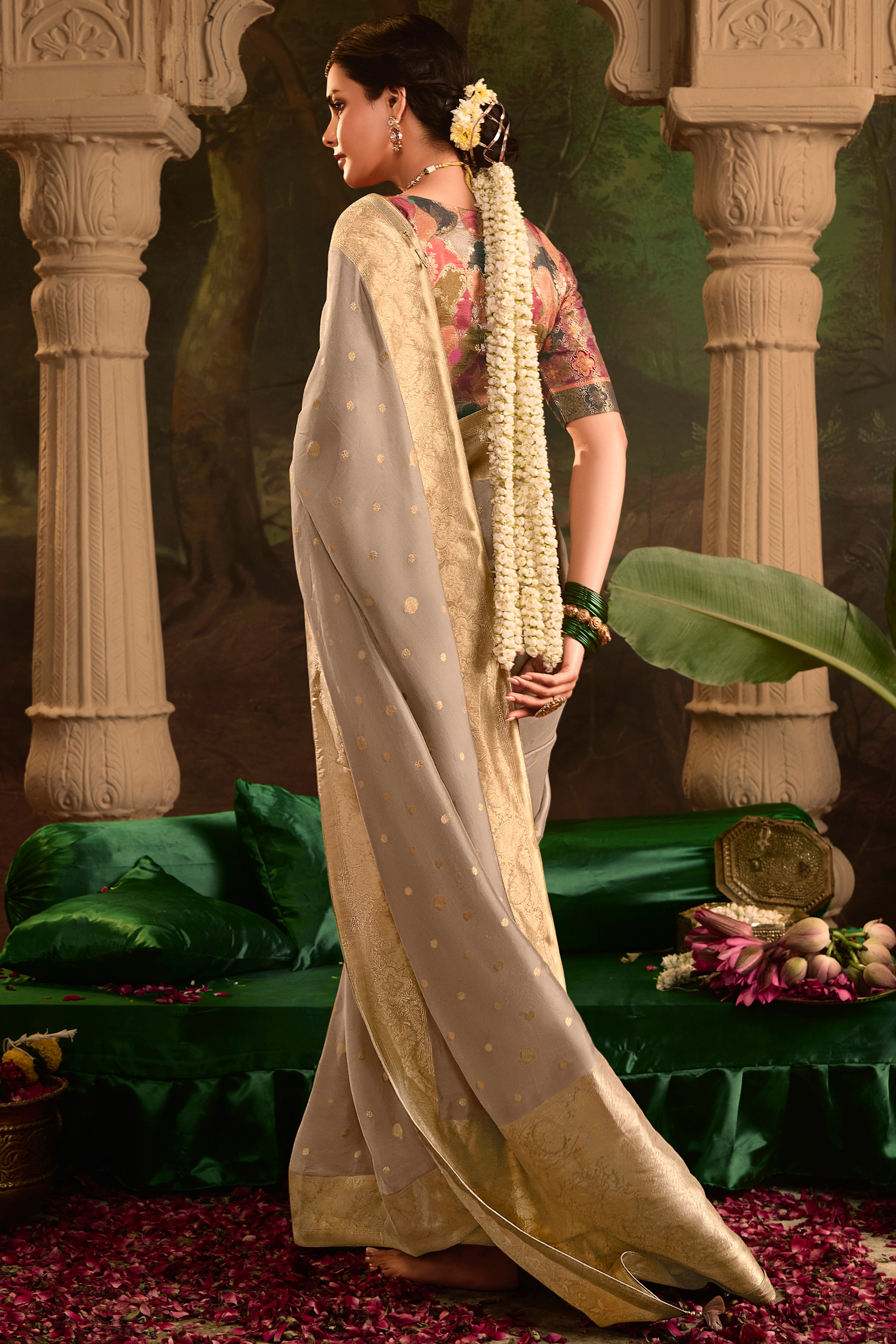 Light Brown Pure Crepe Dola Silk Saree With Jacquard Woven Work