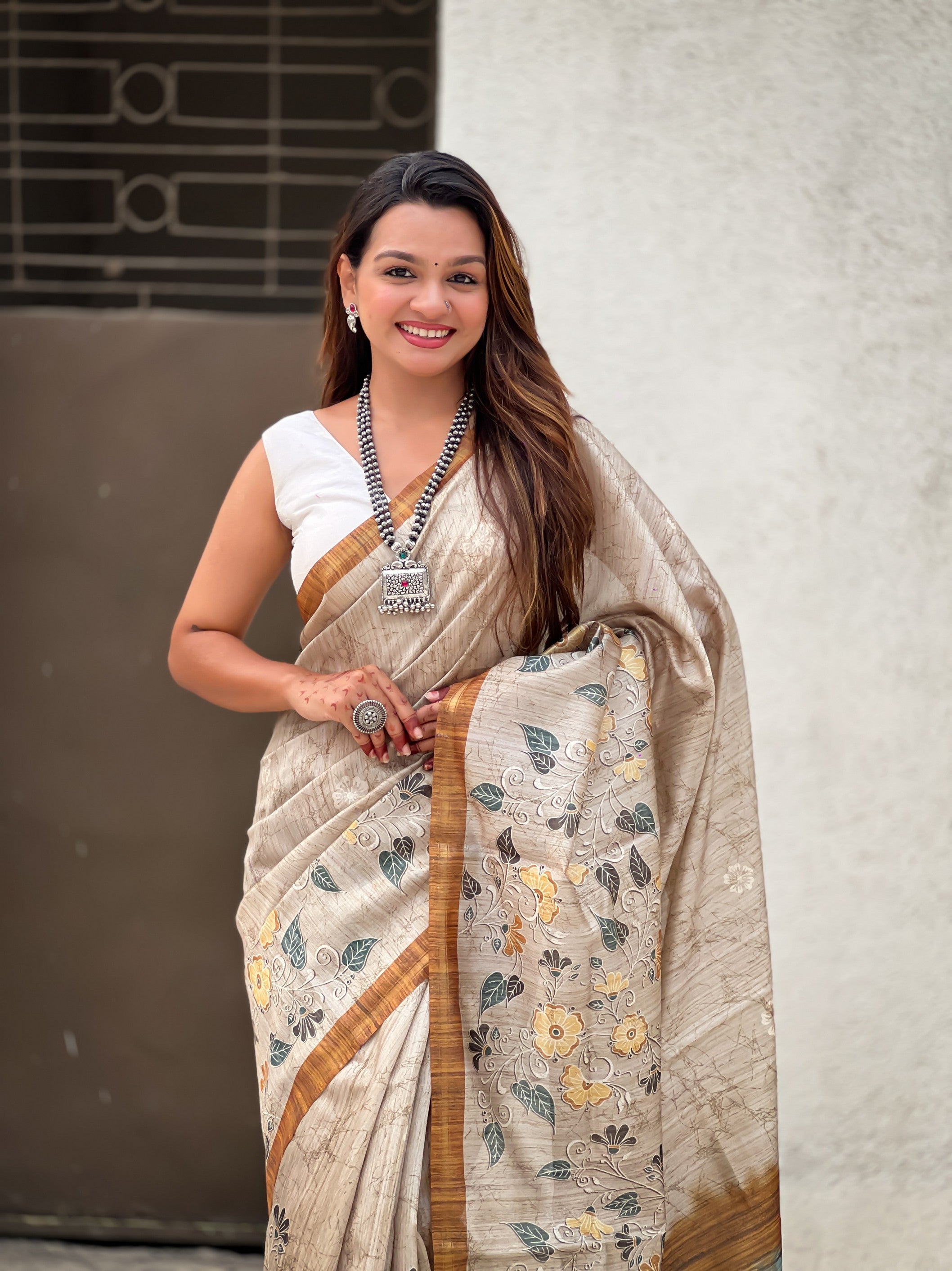 Light Gold Ethnic Katki Silk Woven Designer And Floral Printed Saree