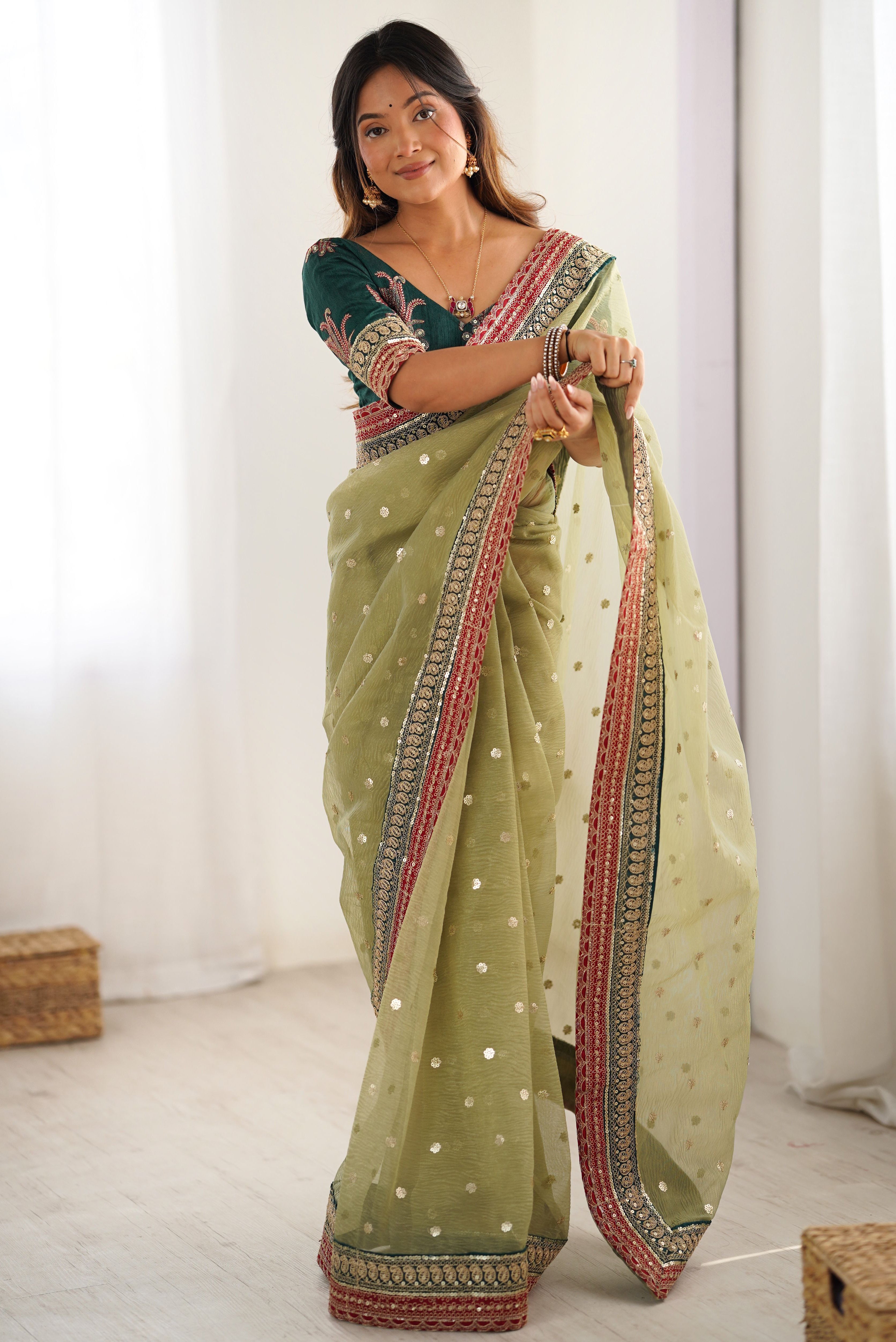 Light Green Banarasi Crush Saree with Sequins Embroidery Design