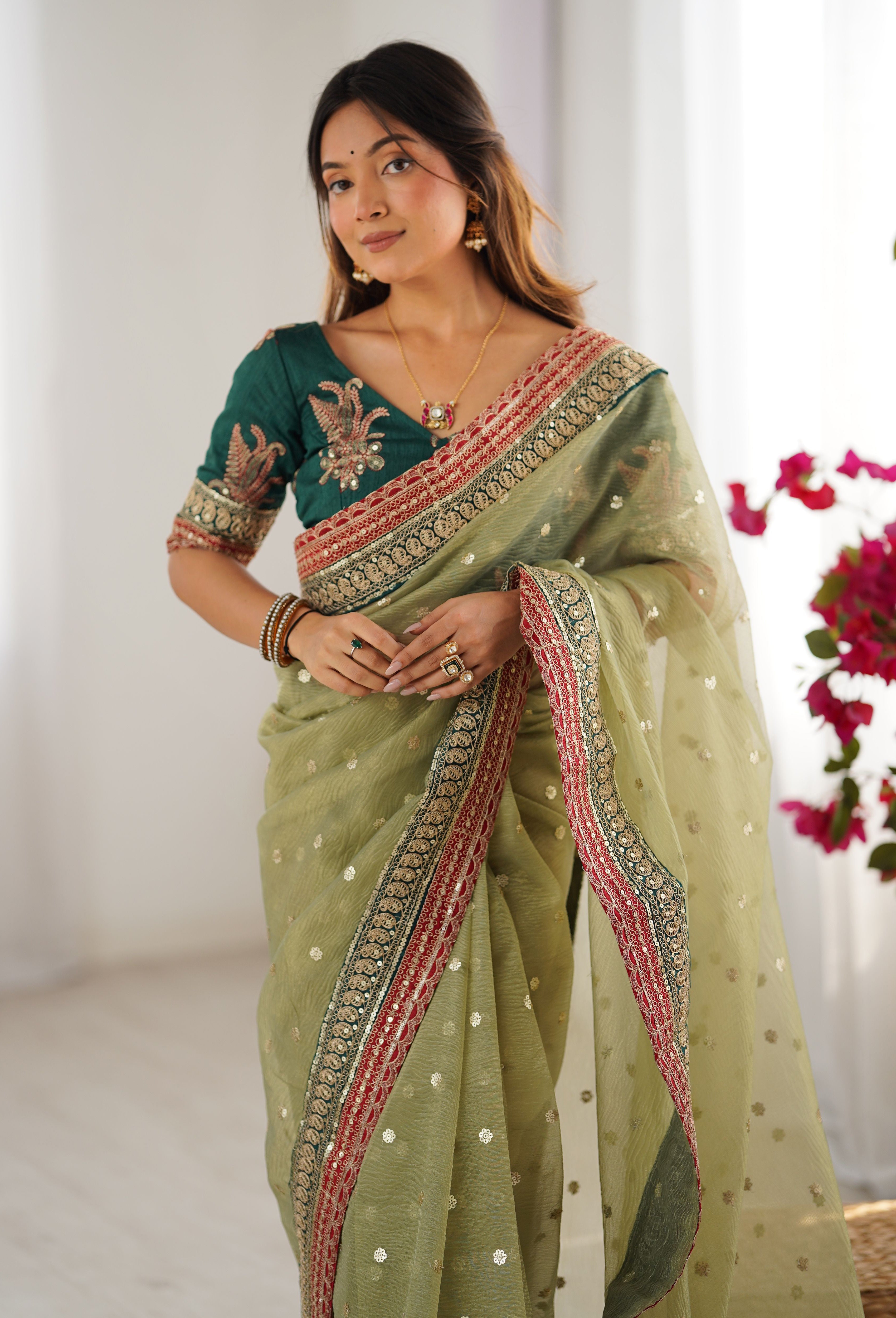 Light Green Banarasi Crush Saree with Sequins Embroidery Design
