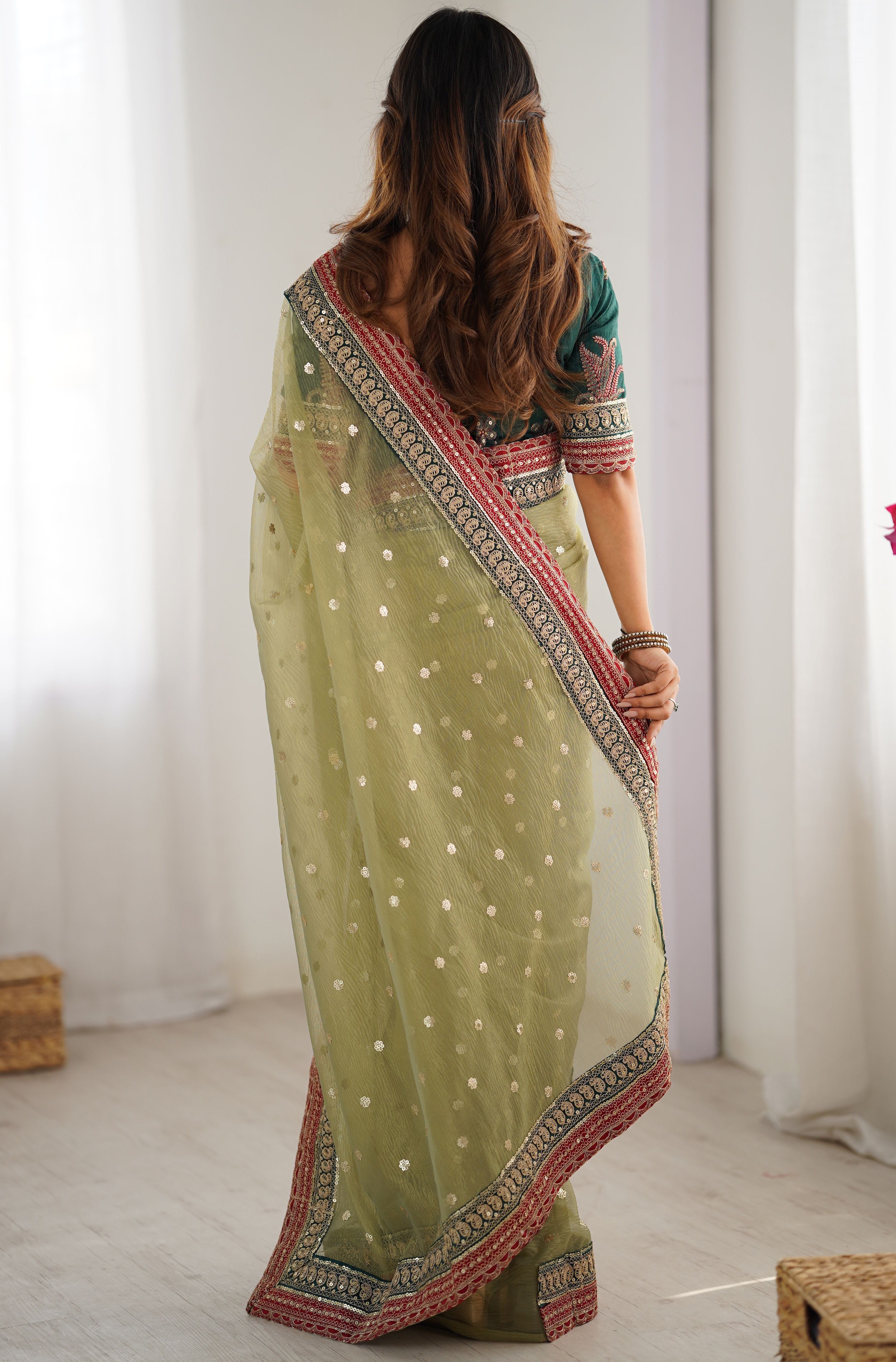 Light Green Banarasi Crush Saree with Sequins Embroidery Design