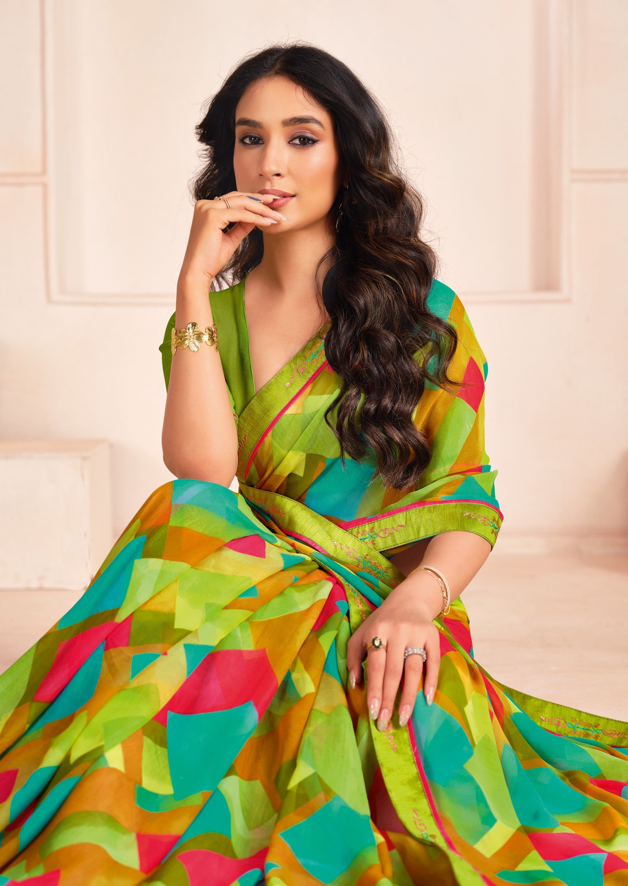 Light Green Bemberg Georgette Elegant Designer Digital Printed Ceremonial Classy Saree