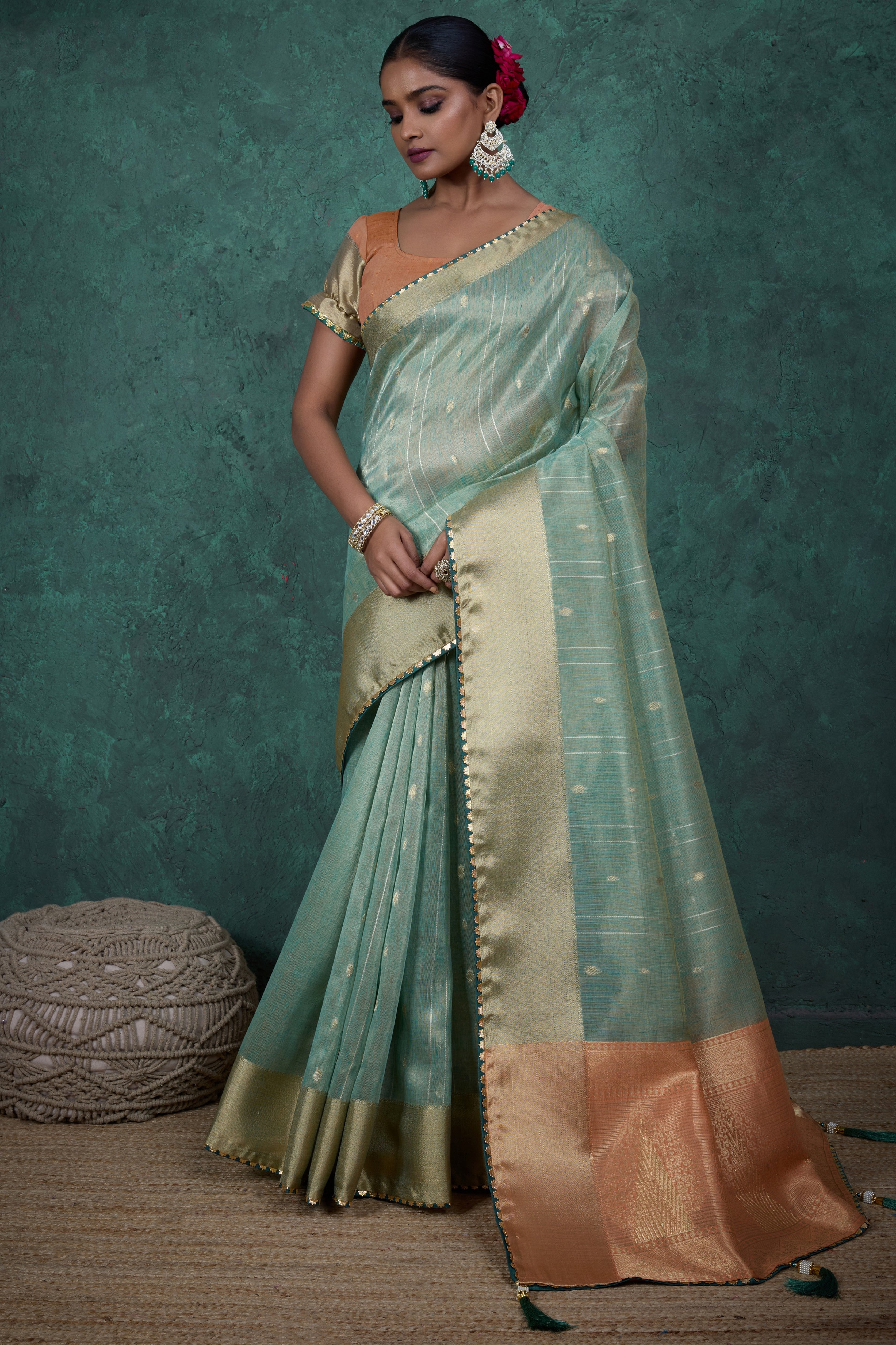 Light Green Color Linen Blend Saree With Self Woven Butta