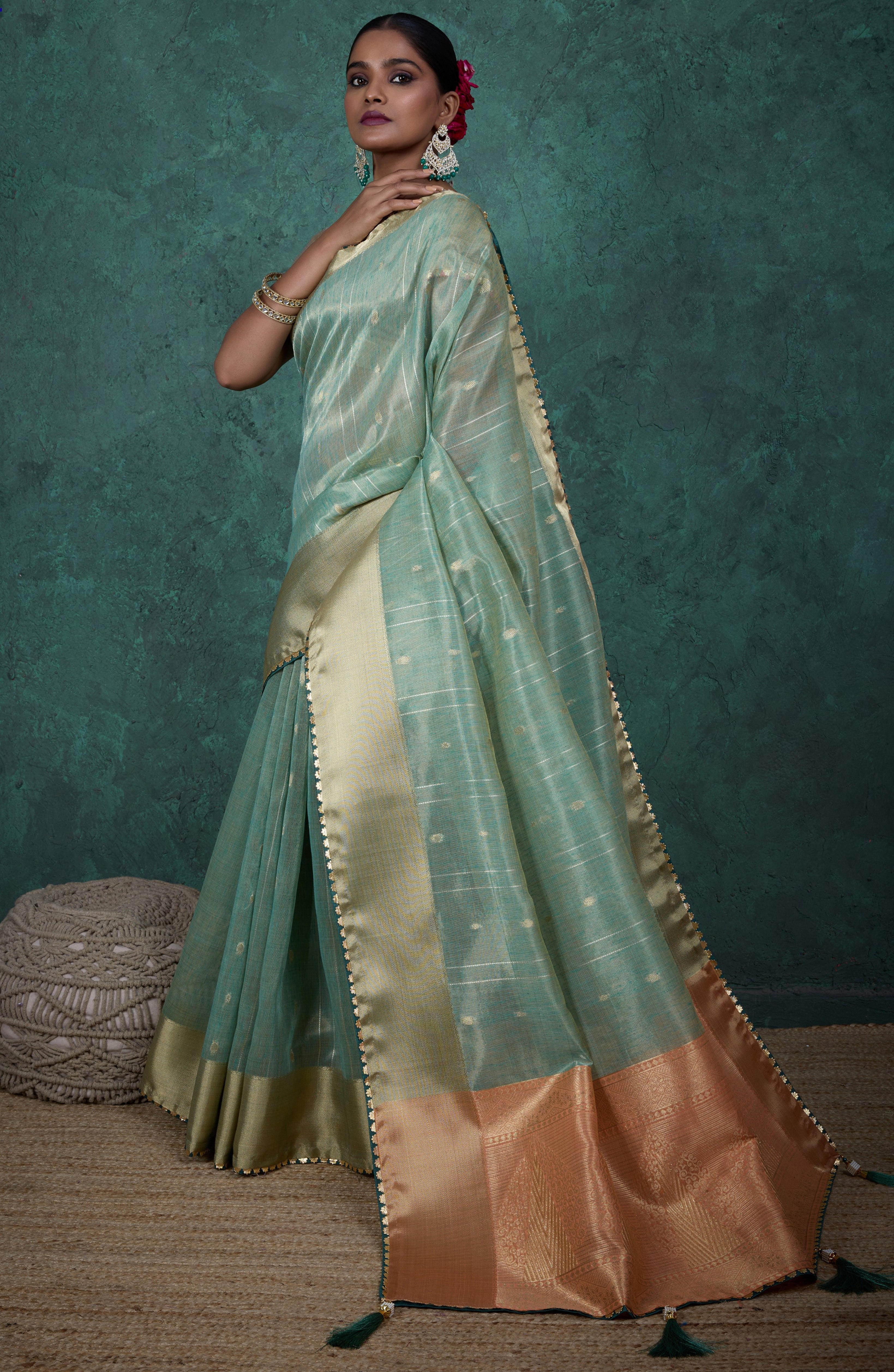 Light Green Color Linen Blend Saree With Self Woven Butta