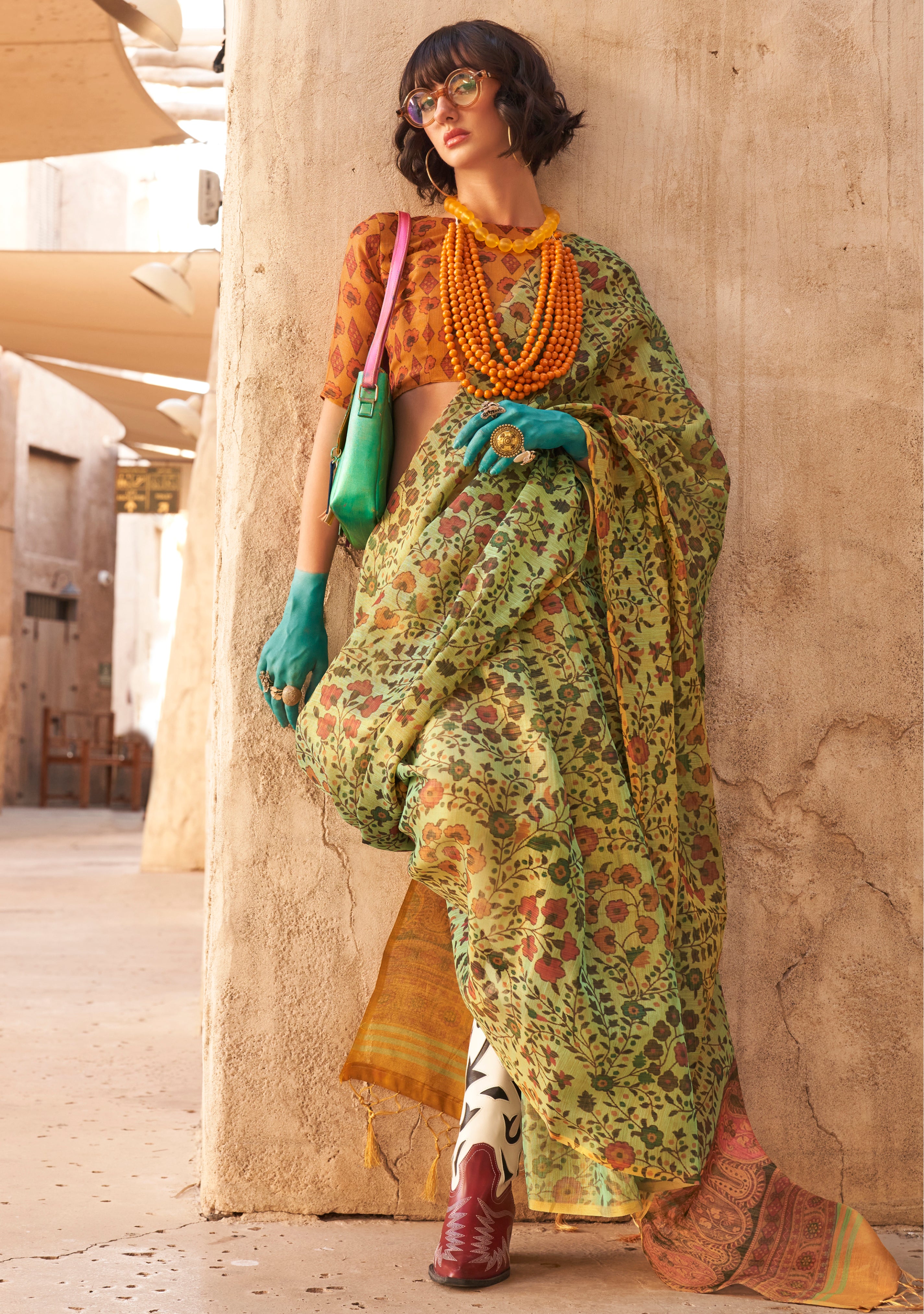 Light Green Handloom Silk Saree With Printed