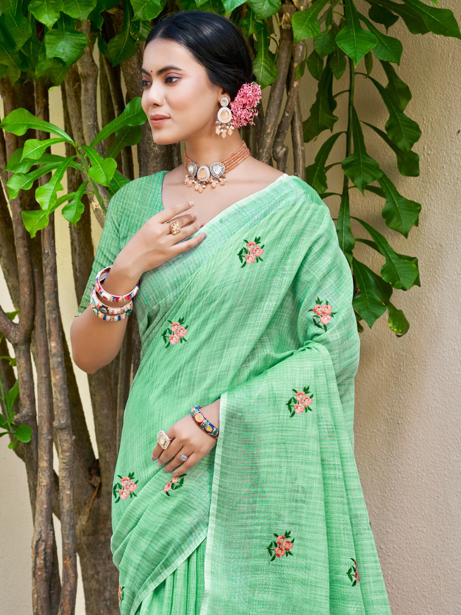 Light Green Linen Saree With Classic Drape and Refined Beauty