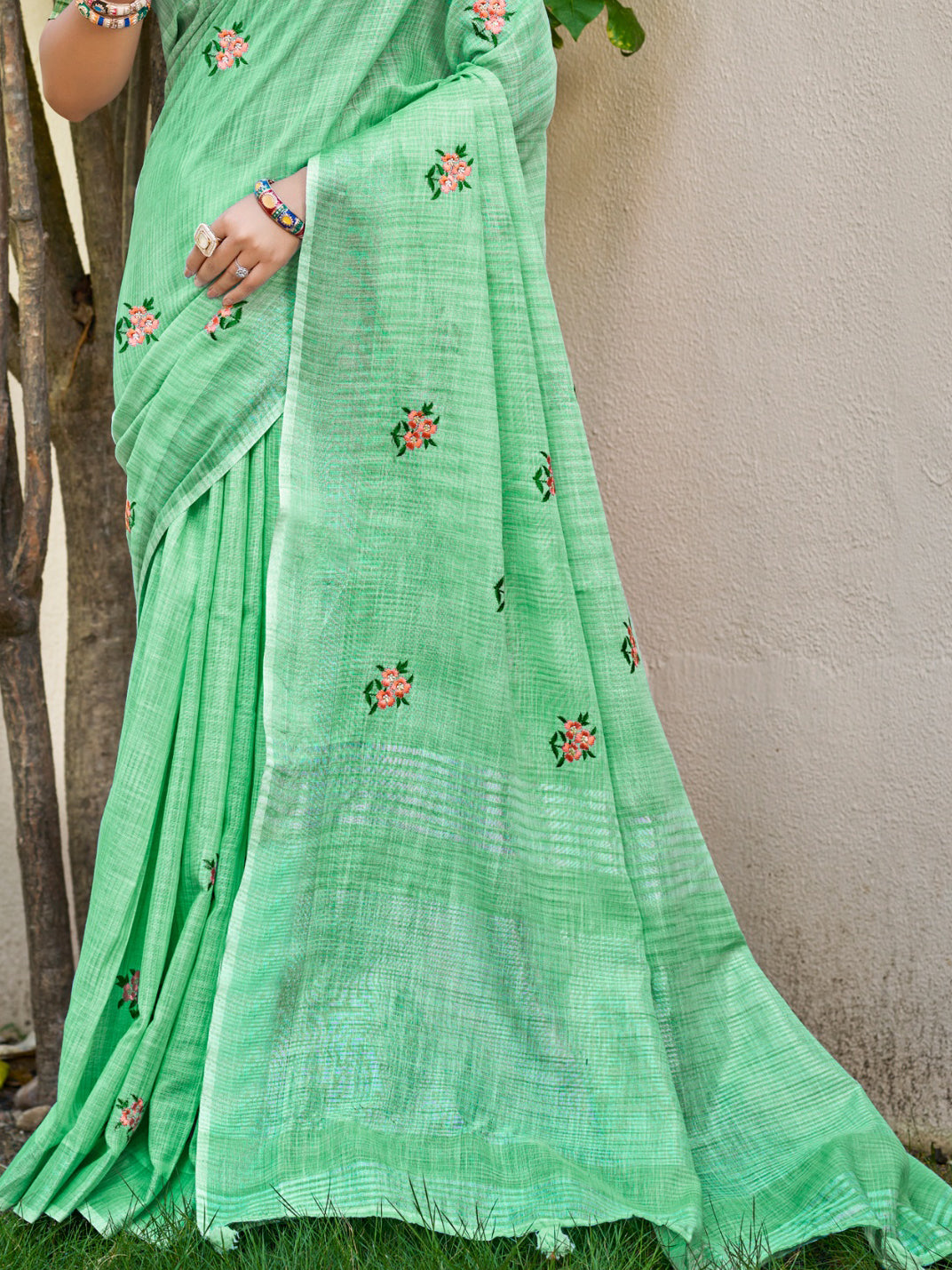 Light Green Linen Saree With Classic Drape and Refined Beauty