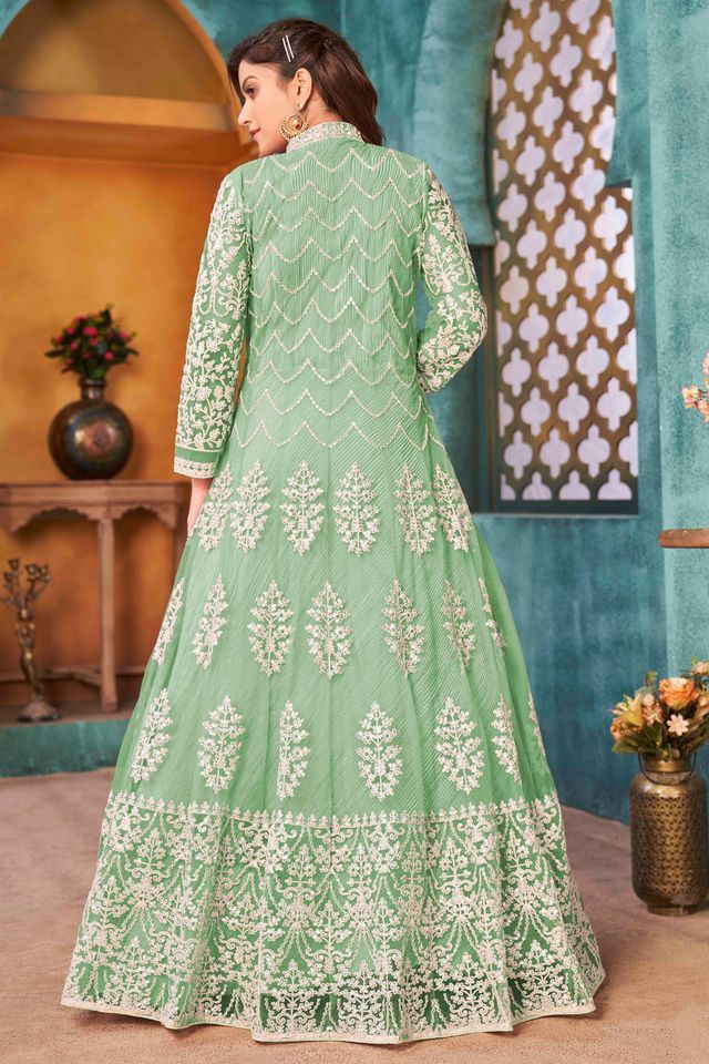 Light Green Net Heavy Thread Embroidery With Sequins Work Anarkali Suits