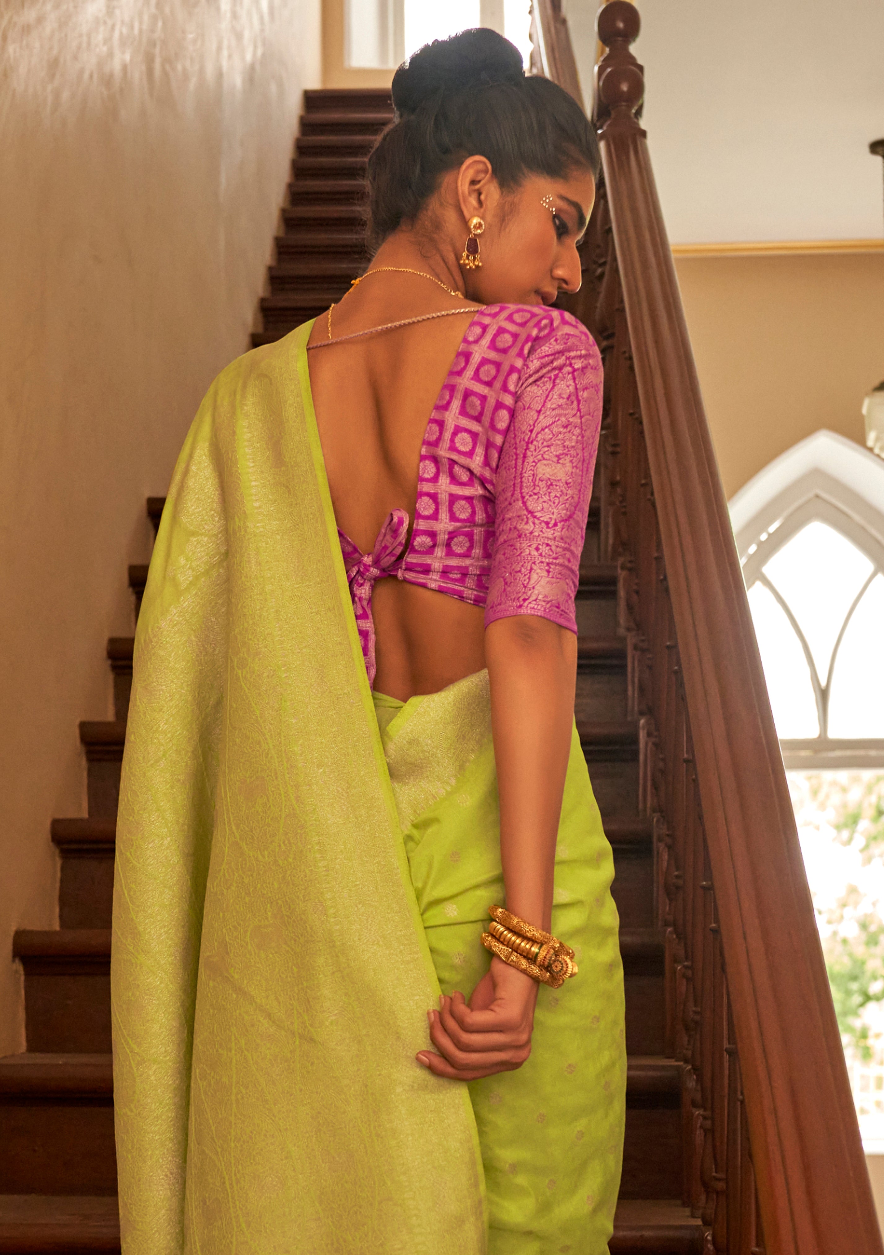 Light Green Nylon Saree With Jacquard Woven Work
