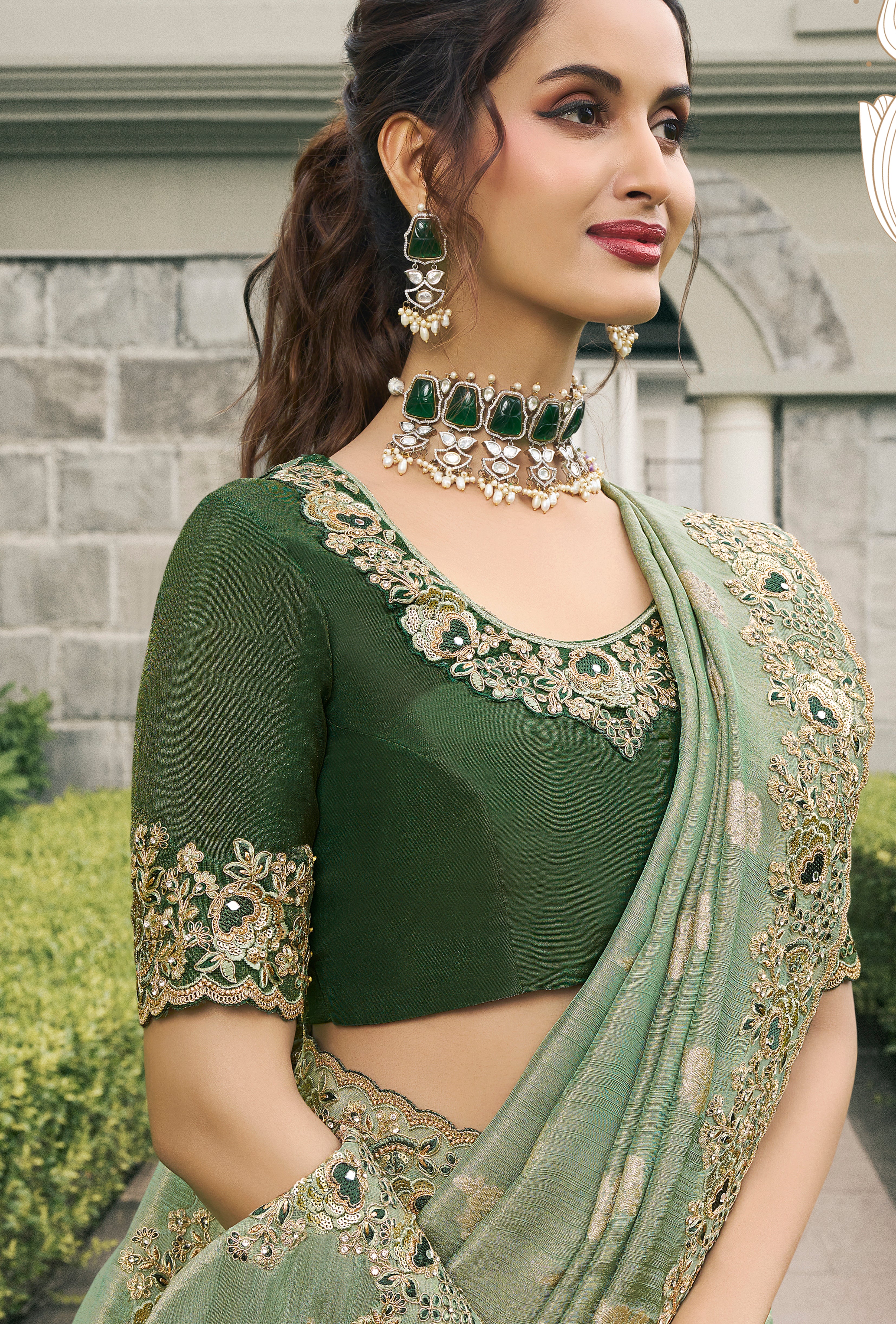 Light Green Saree With Heavy Thread Embroidery, Stone, Pearl, Real Mirror Work