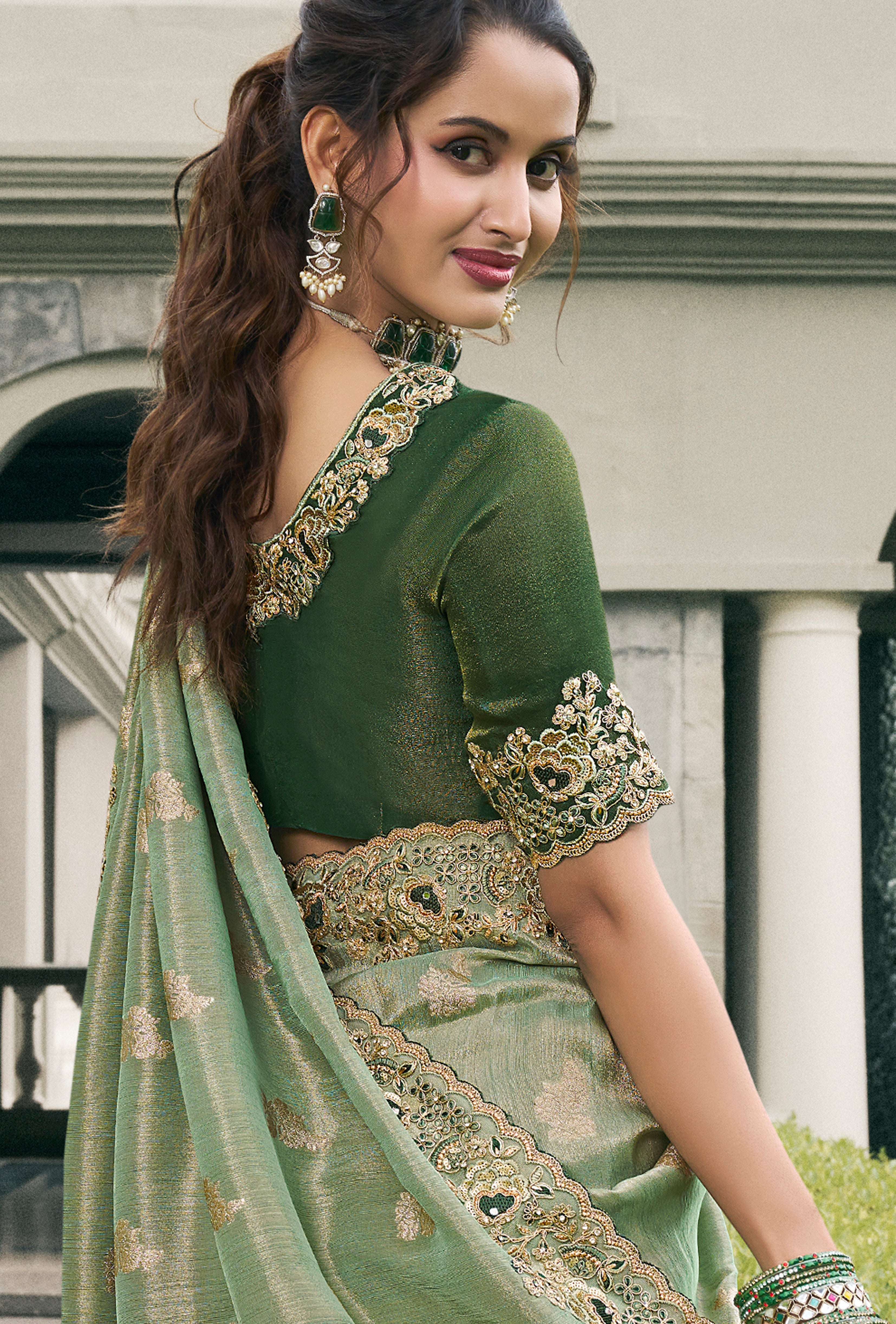 Light Green Saree With Heavy Thread Embroidery, Stone, Pearl, Real Mirror Work