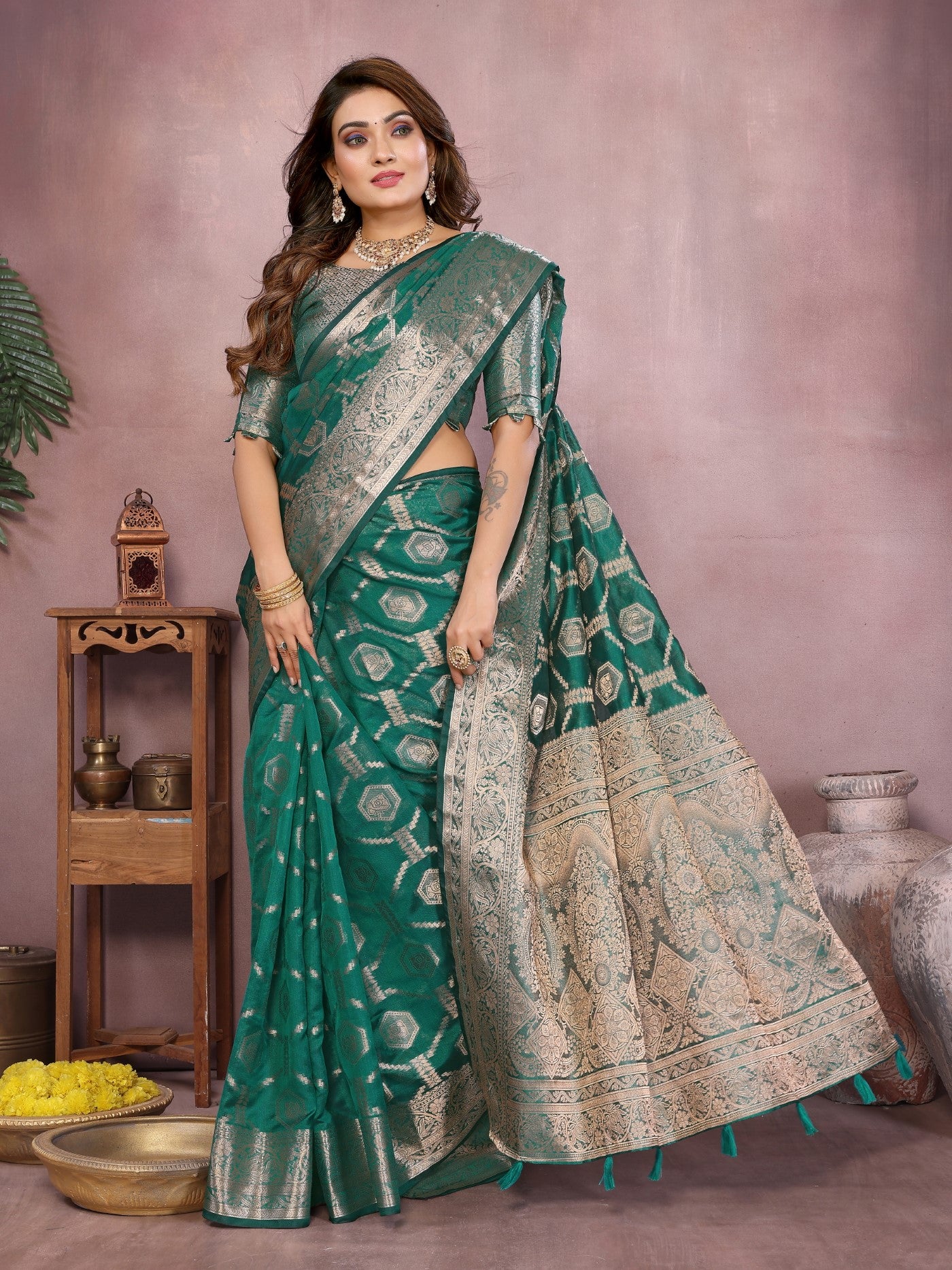 Light Green Soft Organza Silk Saree With Elegant Weaving