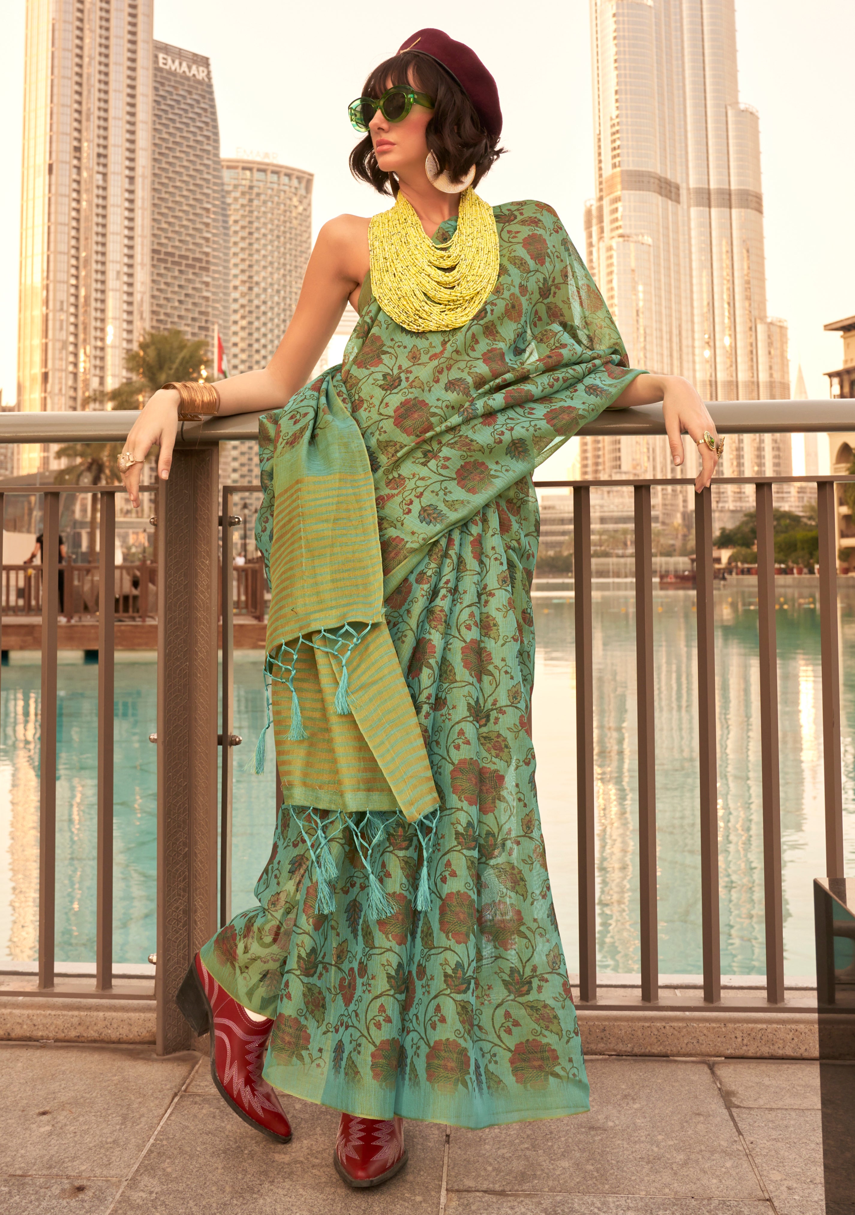 Light Green Tissue Silk Saree With Printed