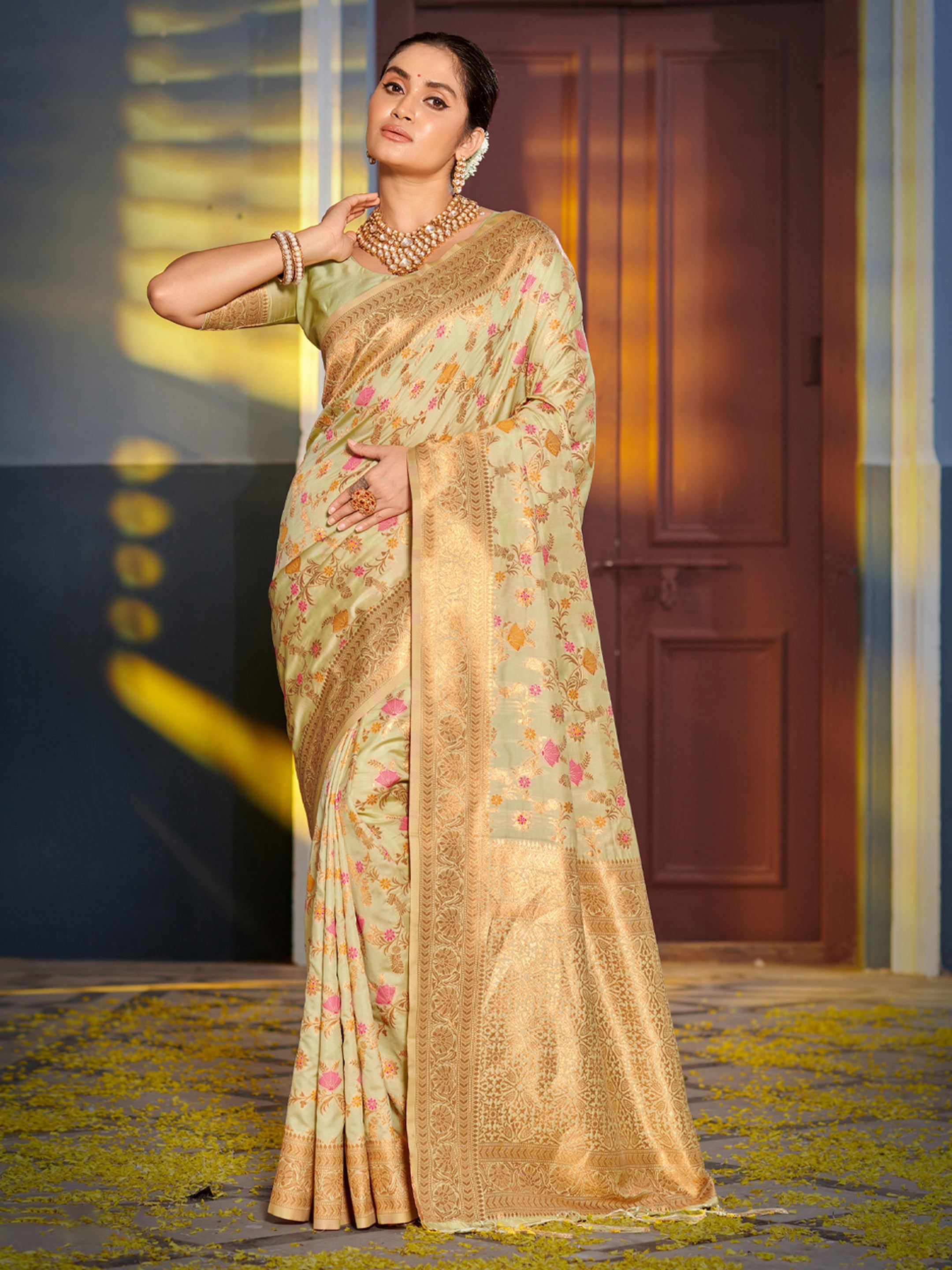 Light Green Woven Jacquard Designer Banarasi Silk Saree For Ethnic Indian Looks
