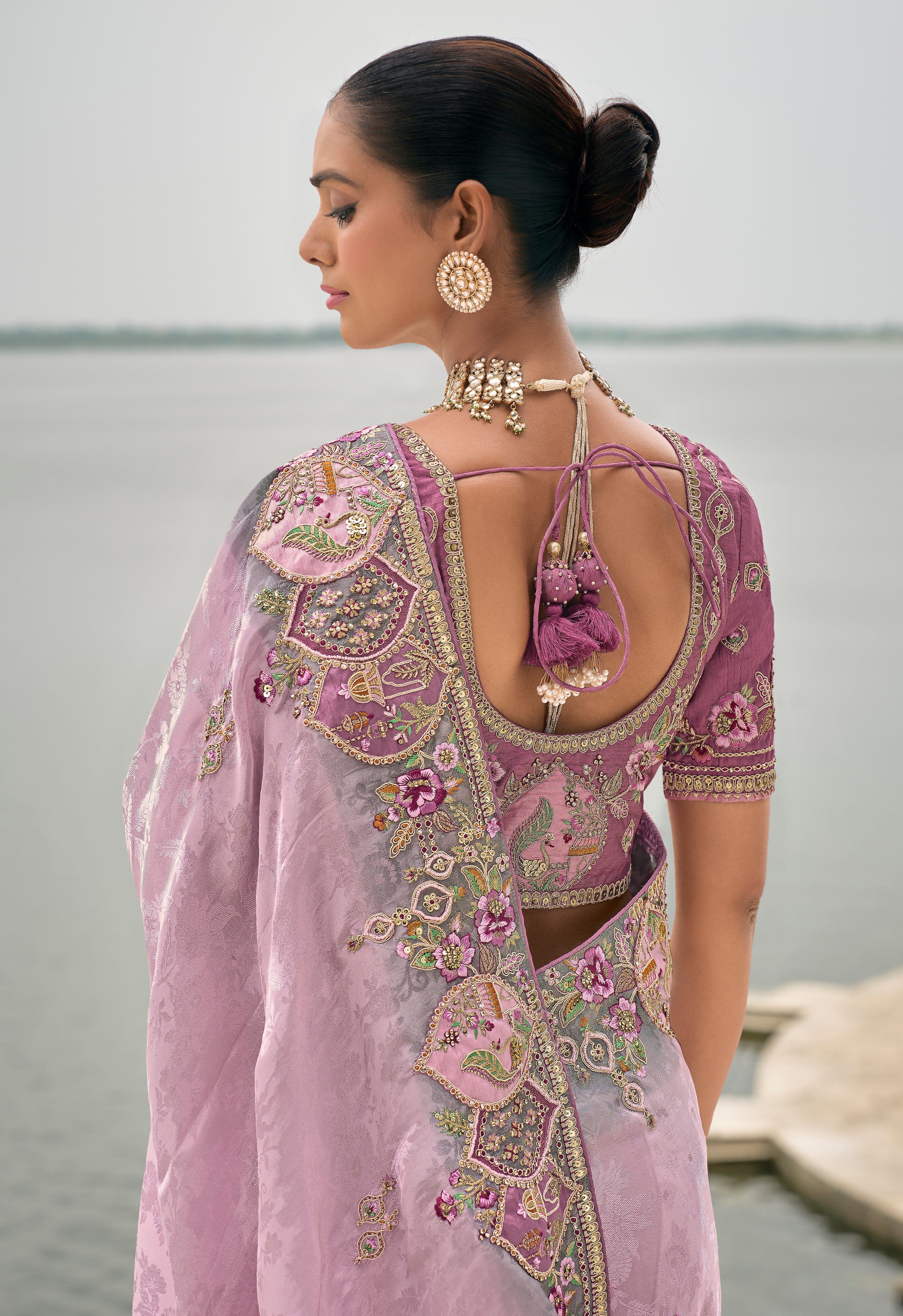 Light Lavender Jacquard Saree With Heavy Thread Embroidery and Sequins Work