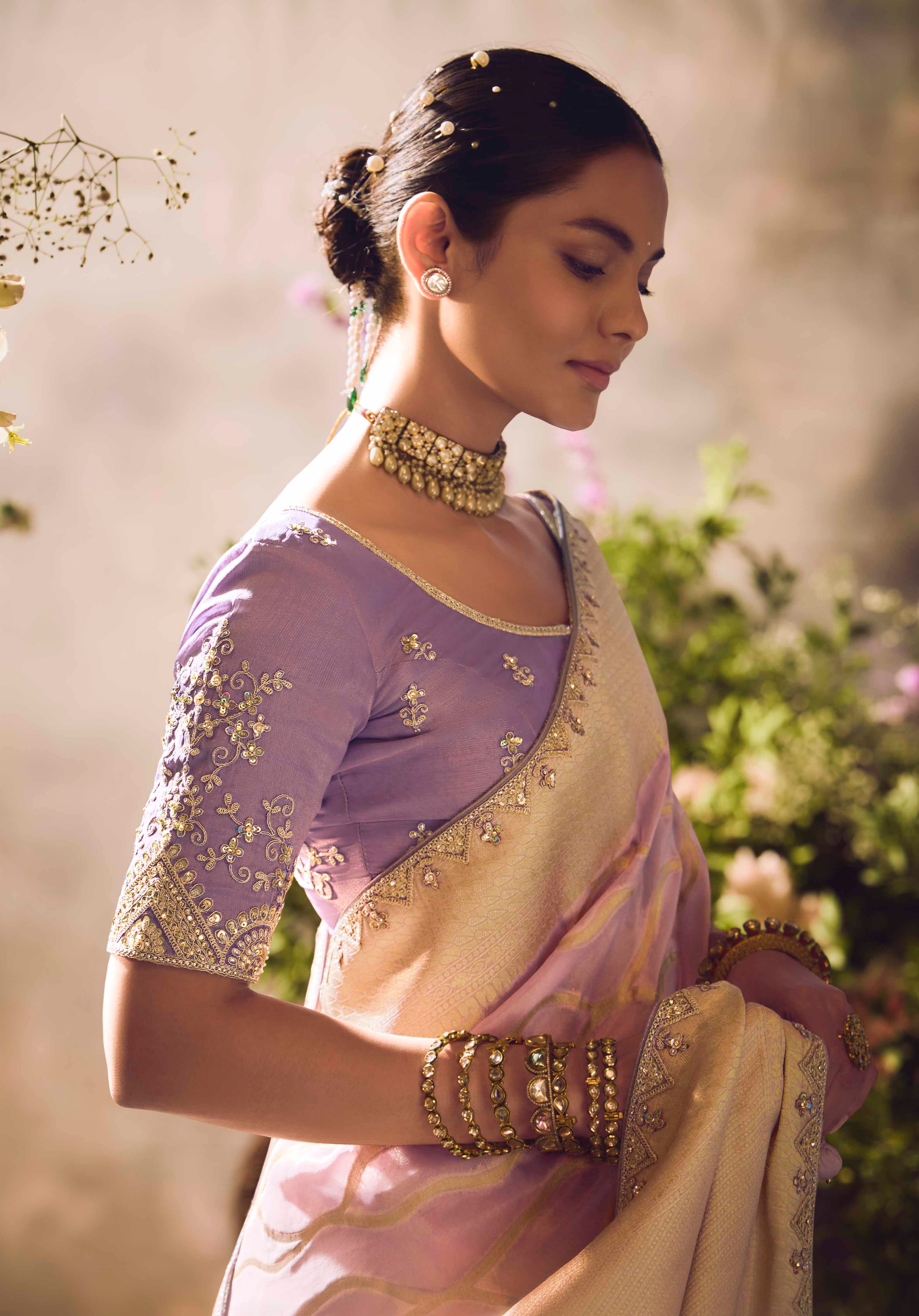 Light Mauve Saree With Jacquard Woven Work with Embroidered Lace Border