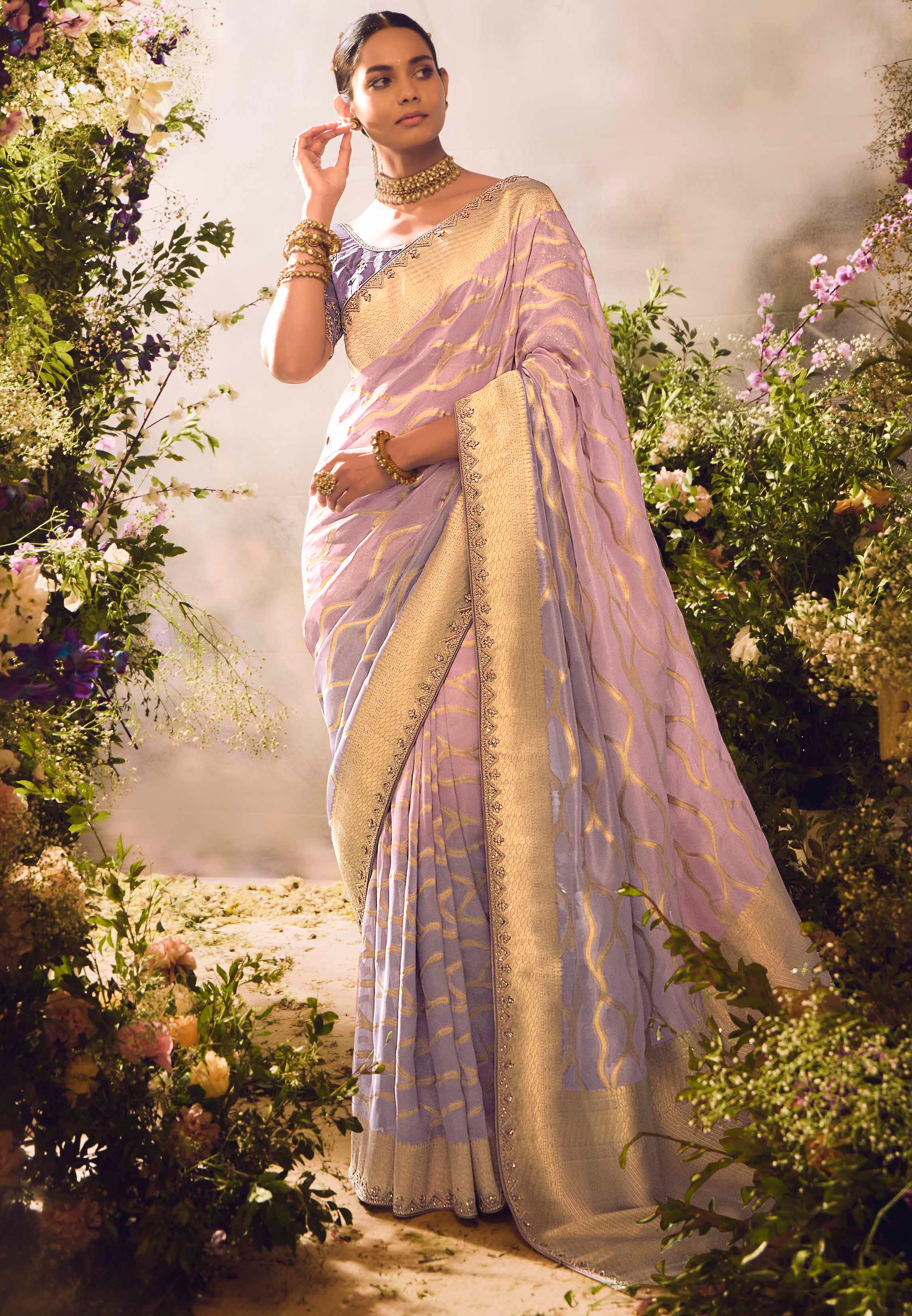 Light Mauve Saree With Jacquard Woven Work with Embroidered Lace Border