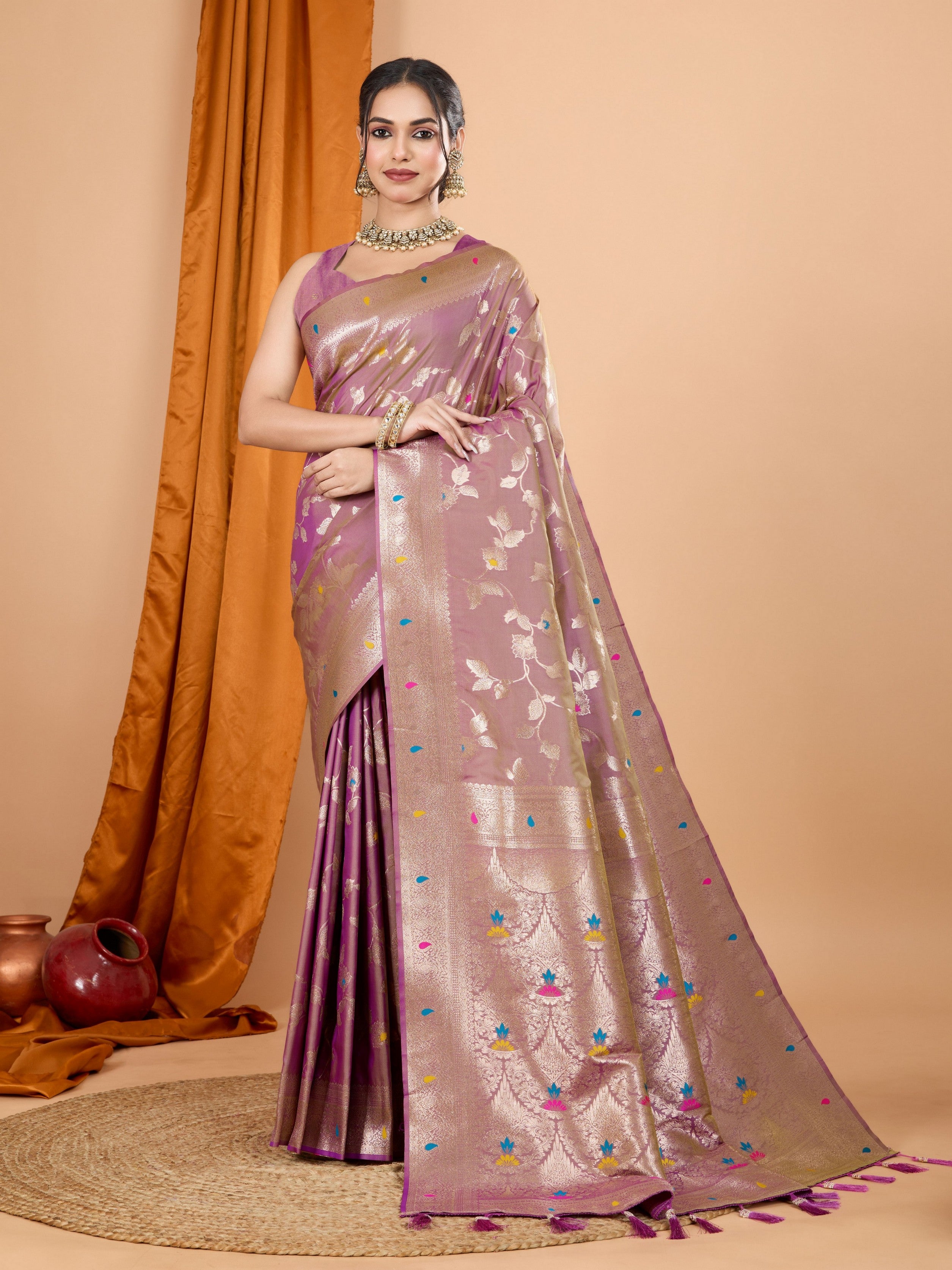 Light Pink Ethnic Banarasi Silk Saree With Woven Jari Designer Work