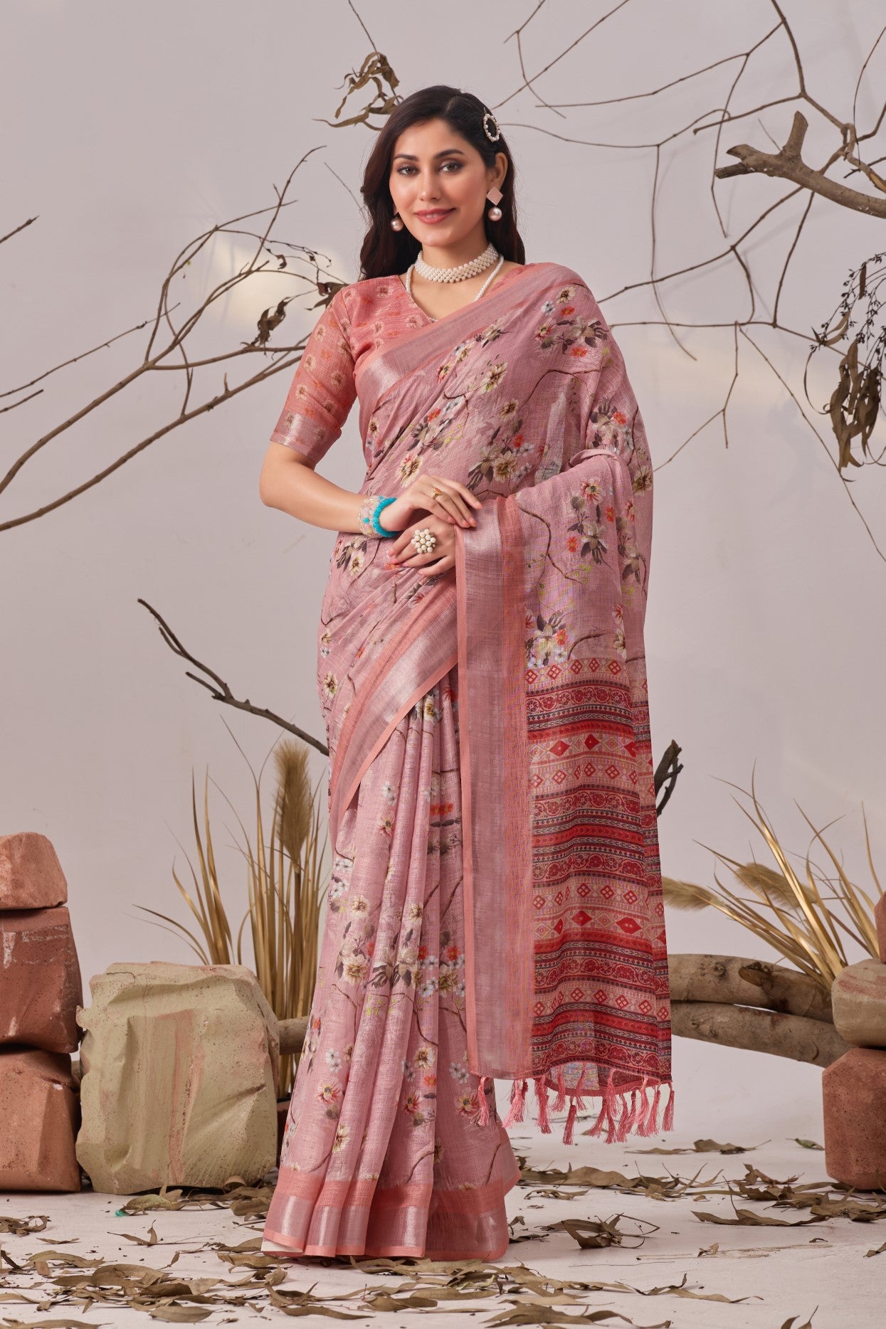 Light Pink Linen Cotton Saree with Digital Print