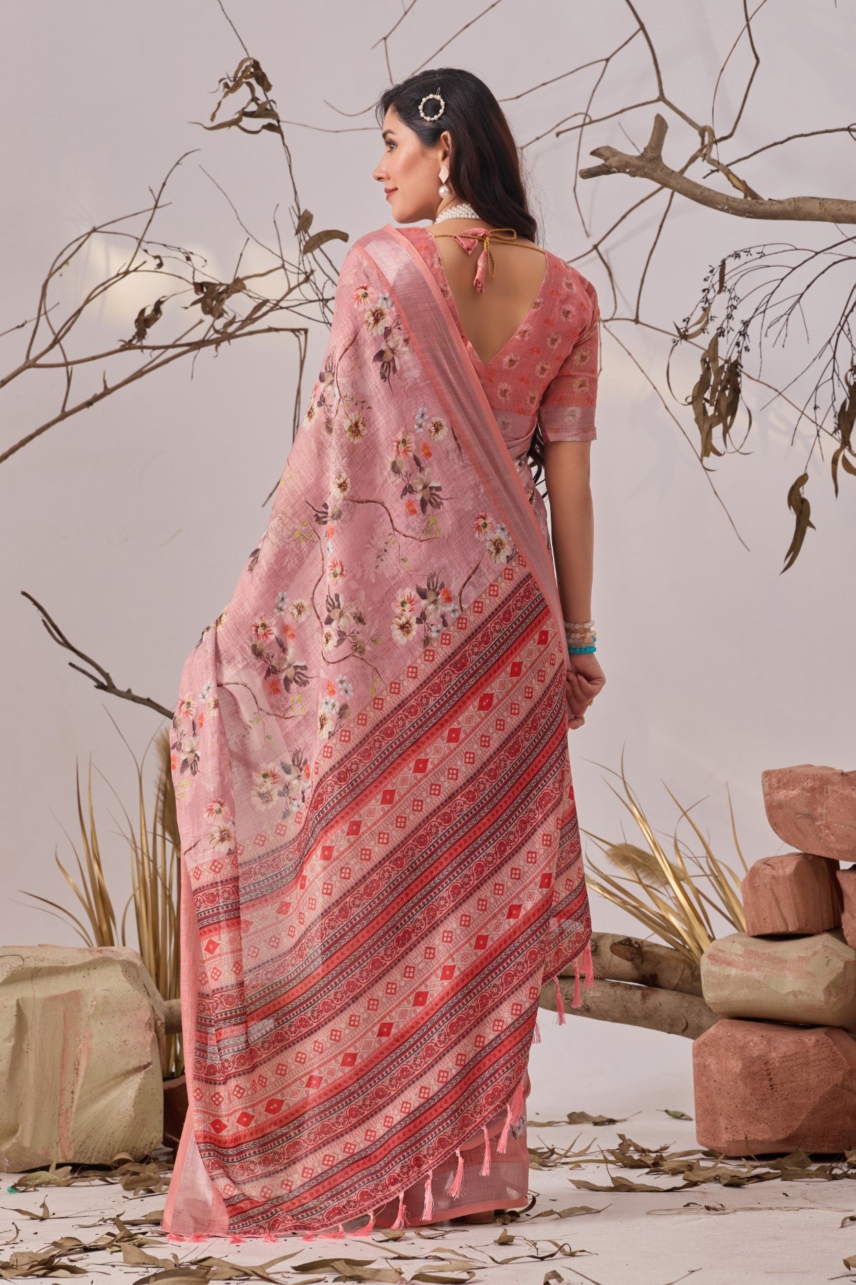 Light Pink Linen Cotton Saree with Digital Print