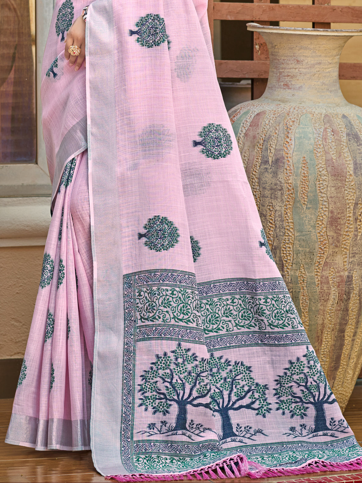 Light Pink Linen Saree With Classic Drape and Refined Beauty