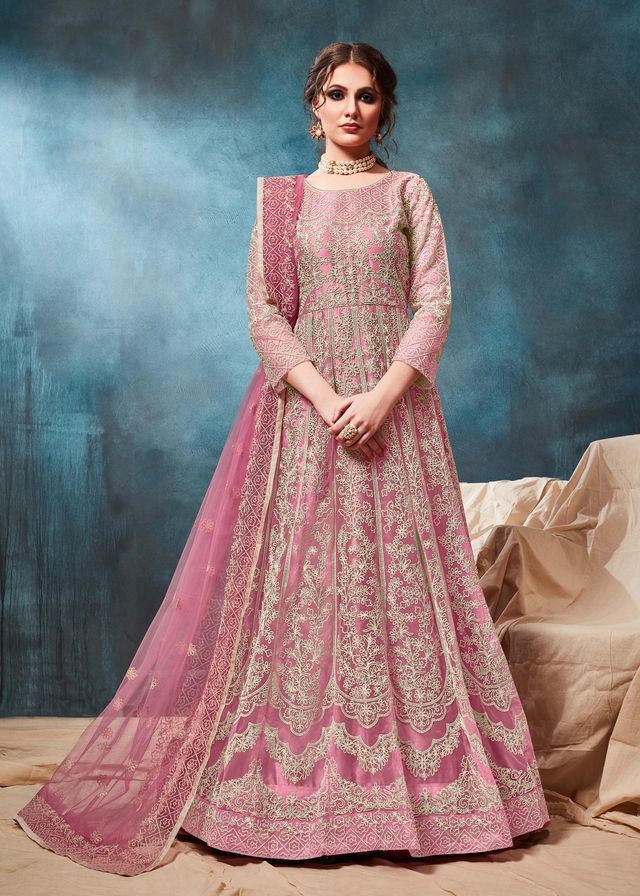 Light Pink Net Embroidered Anarkali Suits