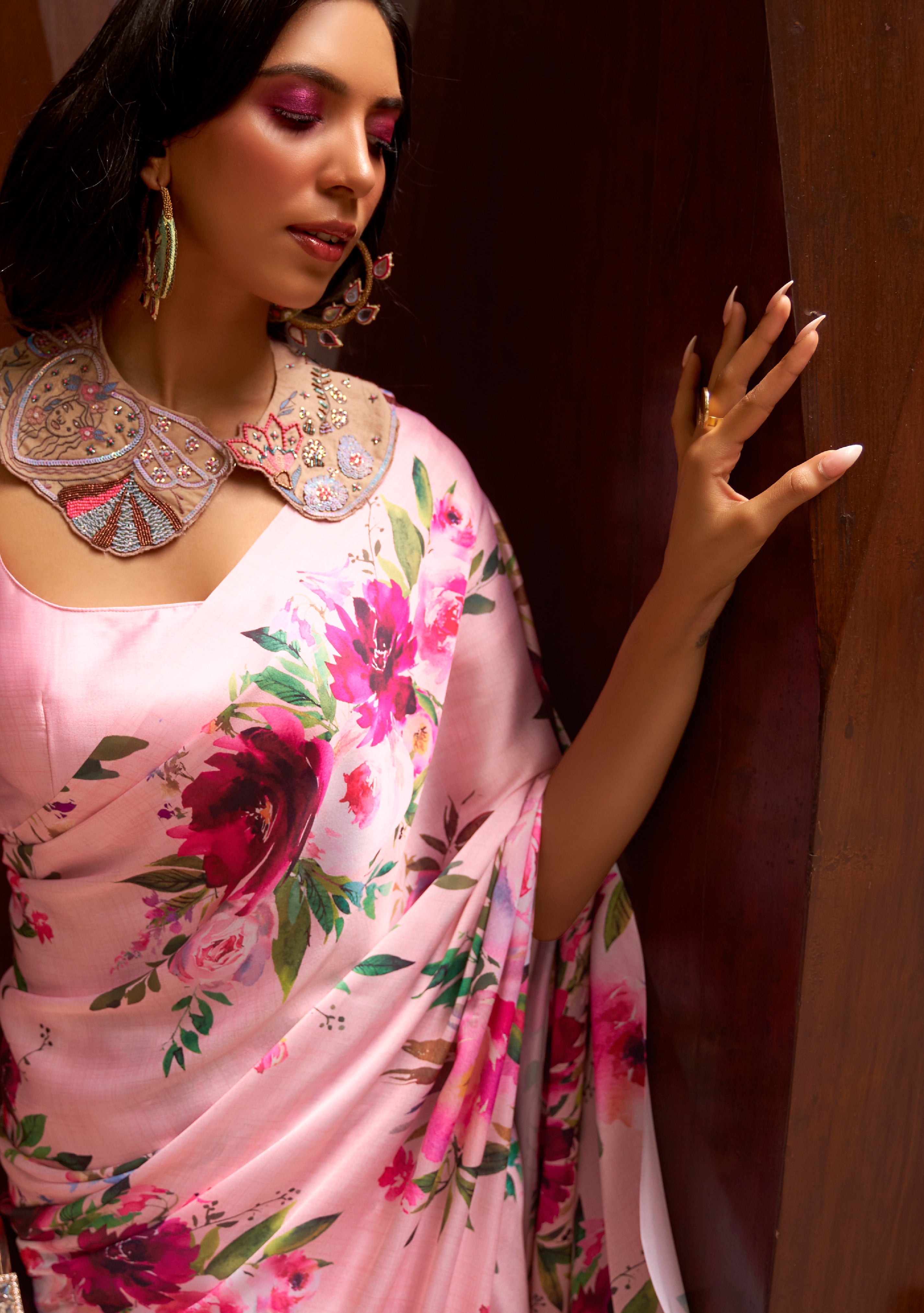 Light Pink Satin Crepe Saree With Digital Printed Work