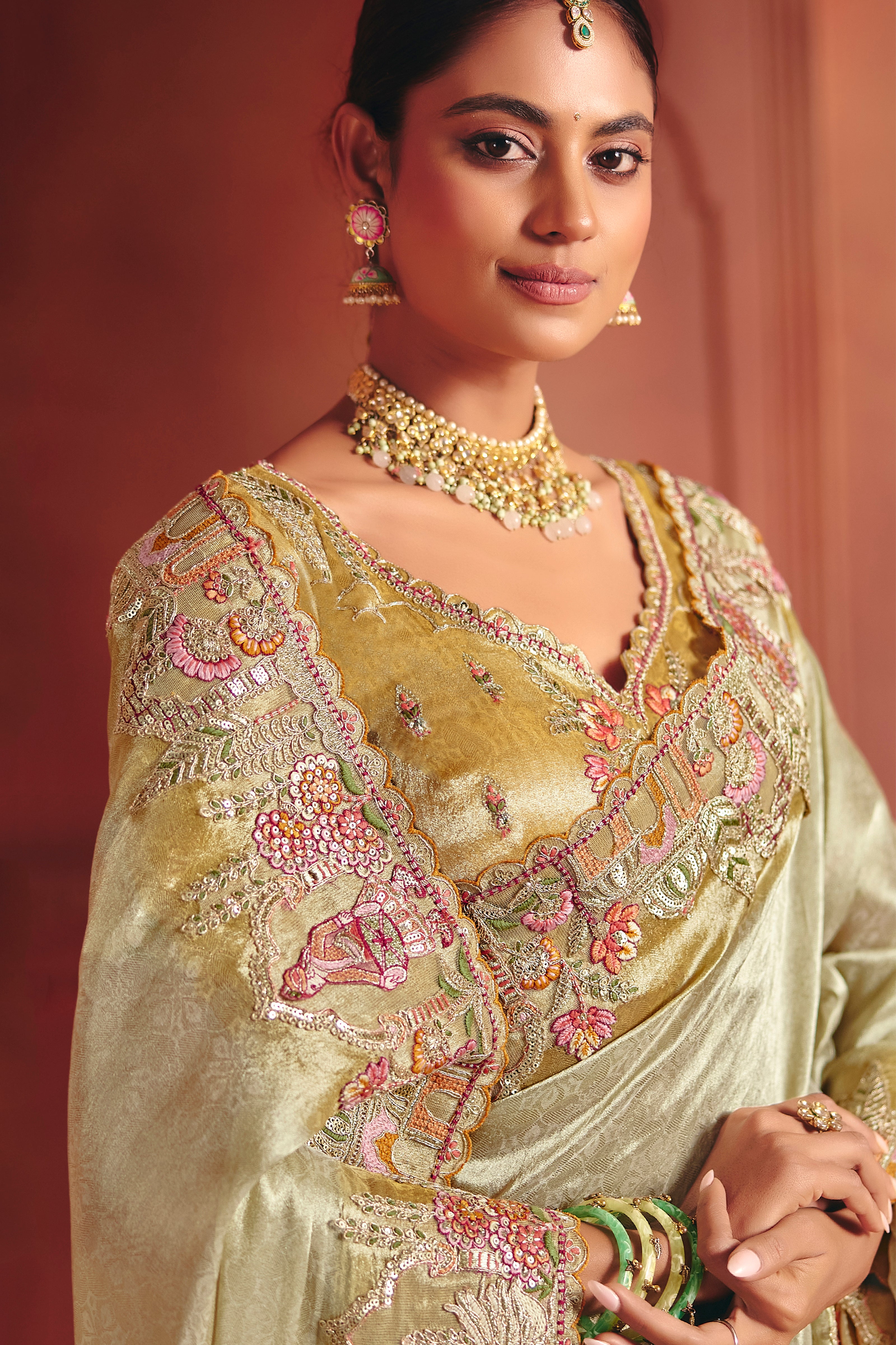 Light Pista Saree With Sequin, Thread, Weaving Heavy Embroidery Work With Heavy Embroidery Work Blouse