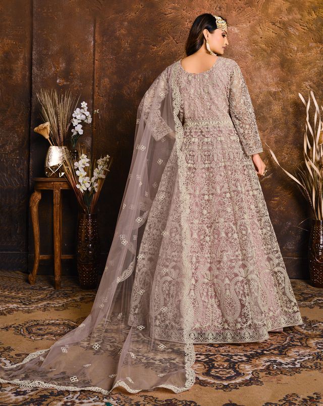 Light Purple Net Heavy Thread Embroidery Work Anarkali Suits