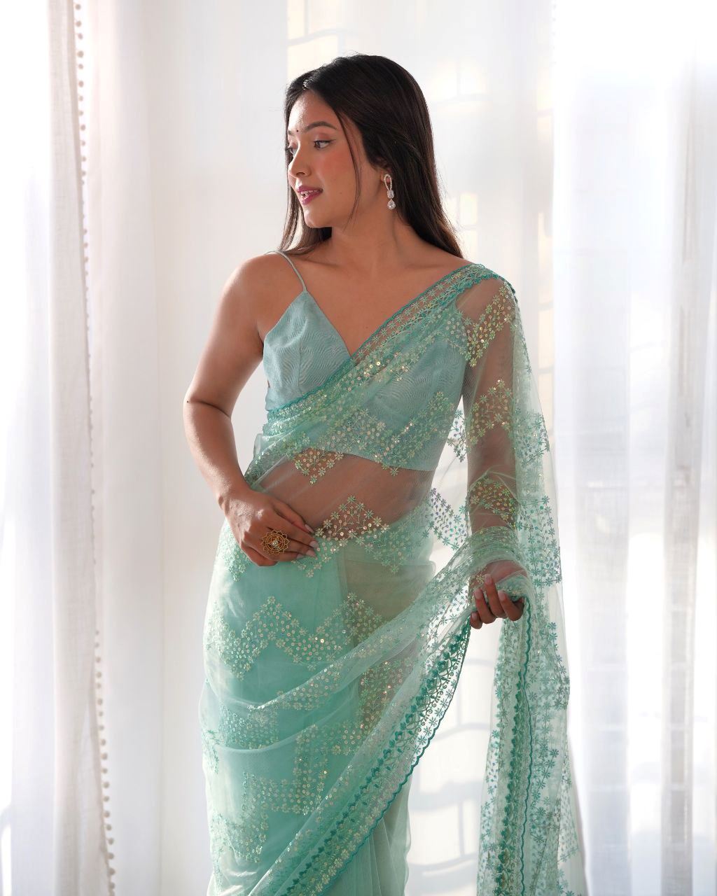Light Sky Colour Butter Fly Net Heavy Work Saree