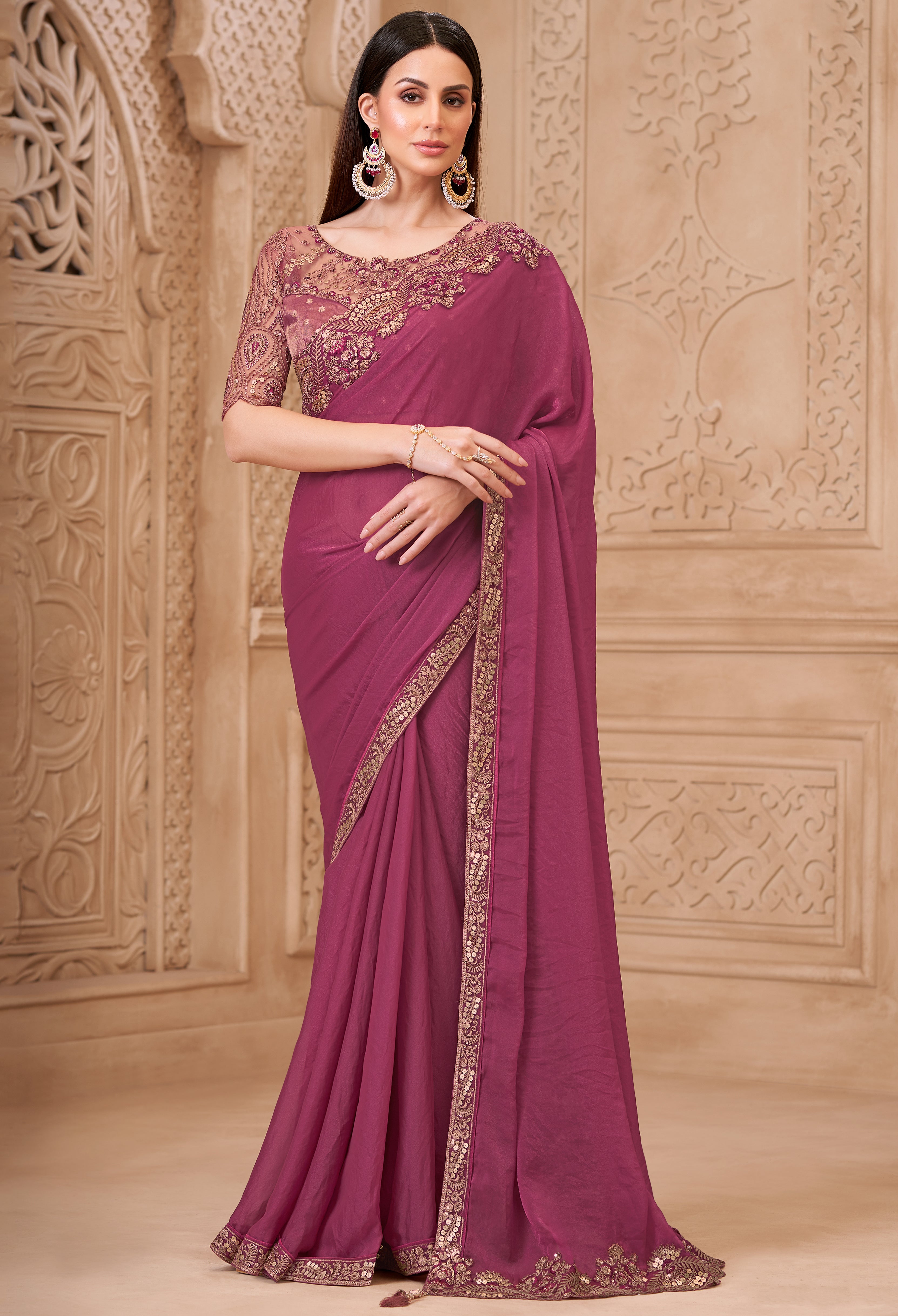 Light Wine Saree With Heavy Thread Embroidery Sequins Border Work With Embroidery Blouse