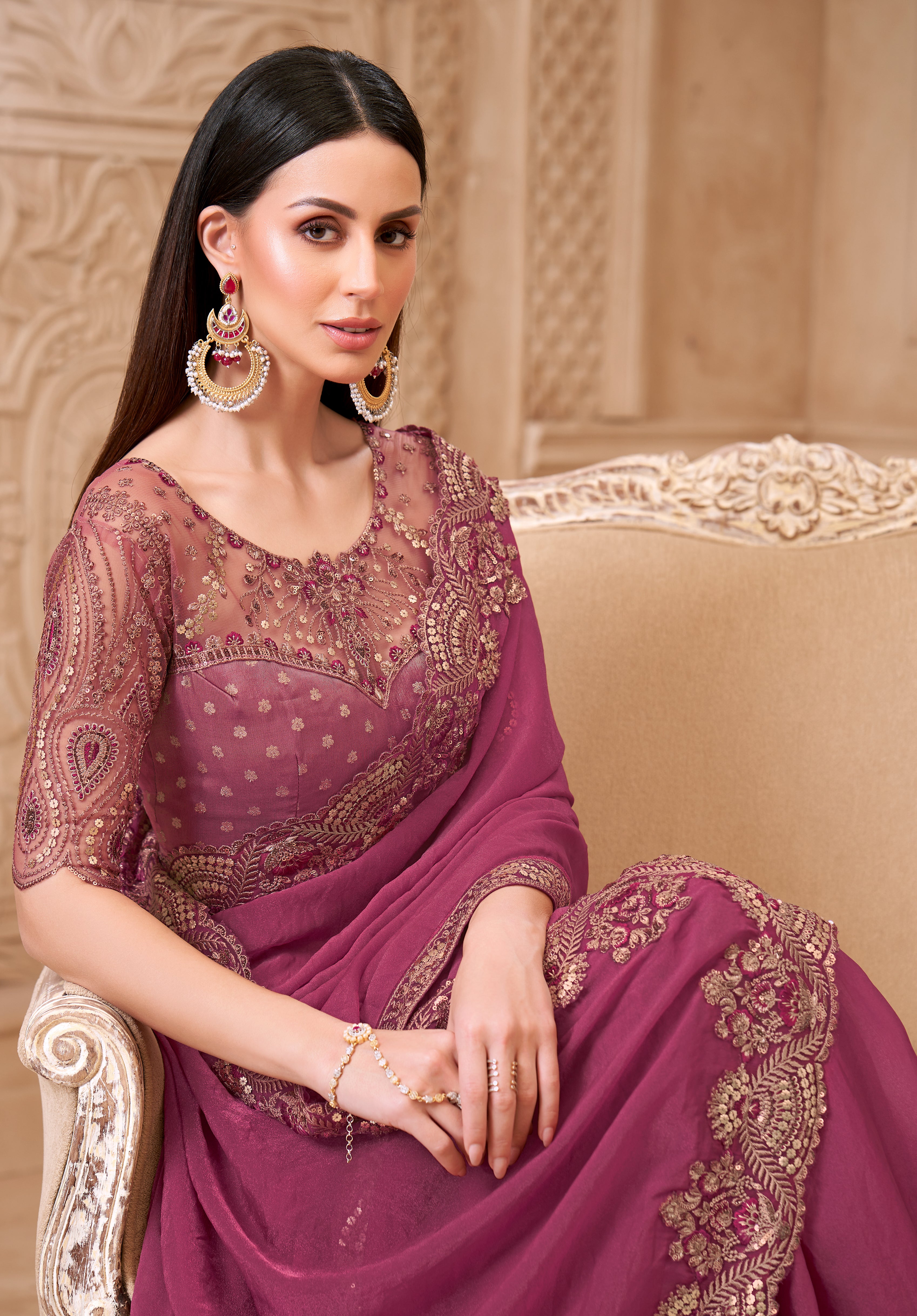 Light Wine Saree With Heavy Thread Embroidery Sequins Border Work With Embroidery Blouse