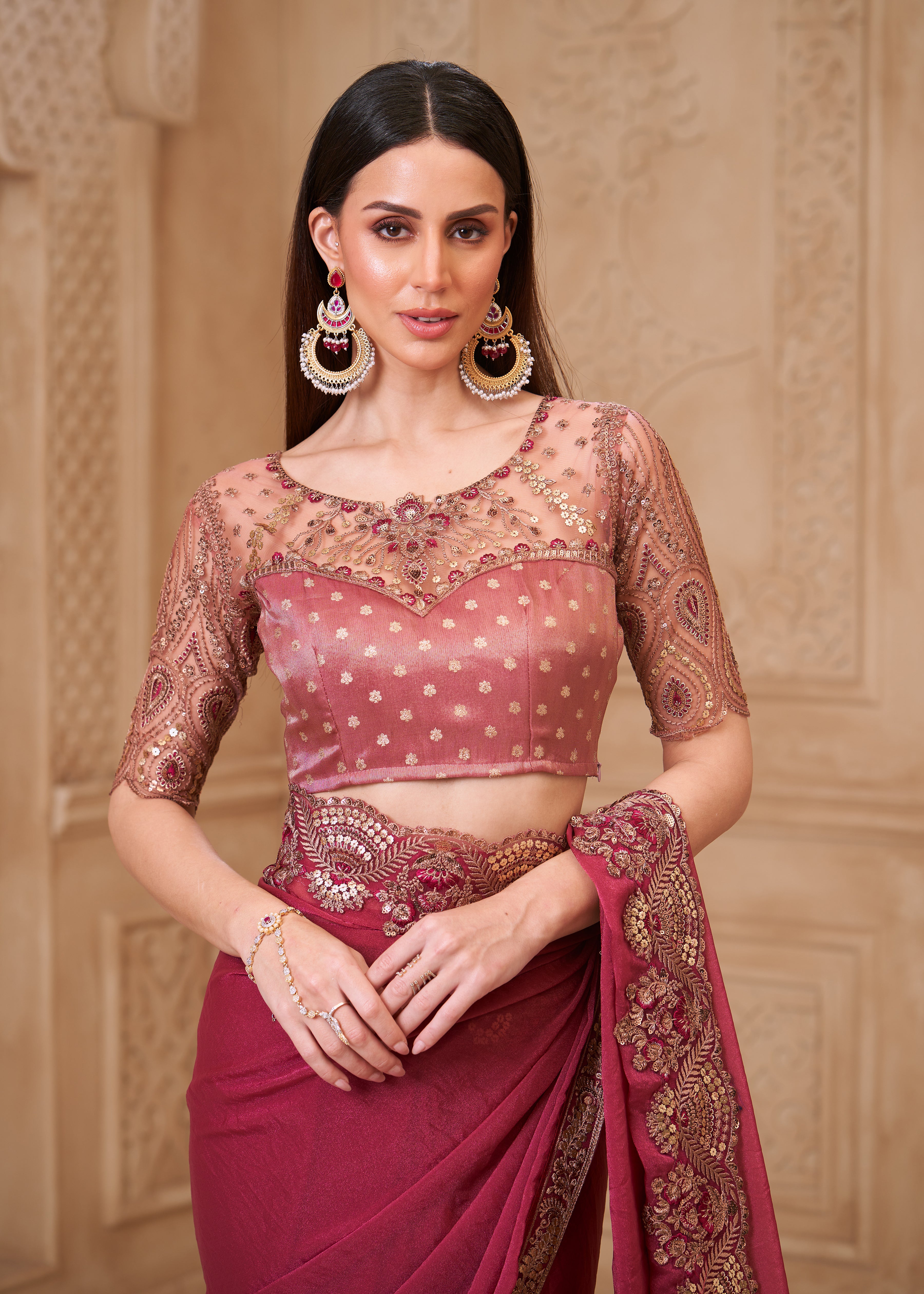 Light Wine Saree With Heavy Thread Embroidery Sequins Border Work With Embroidery Blouse