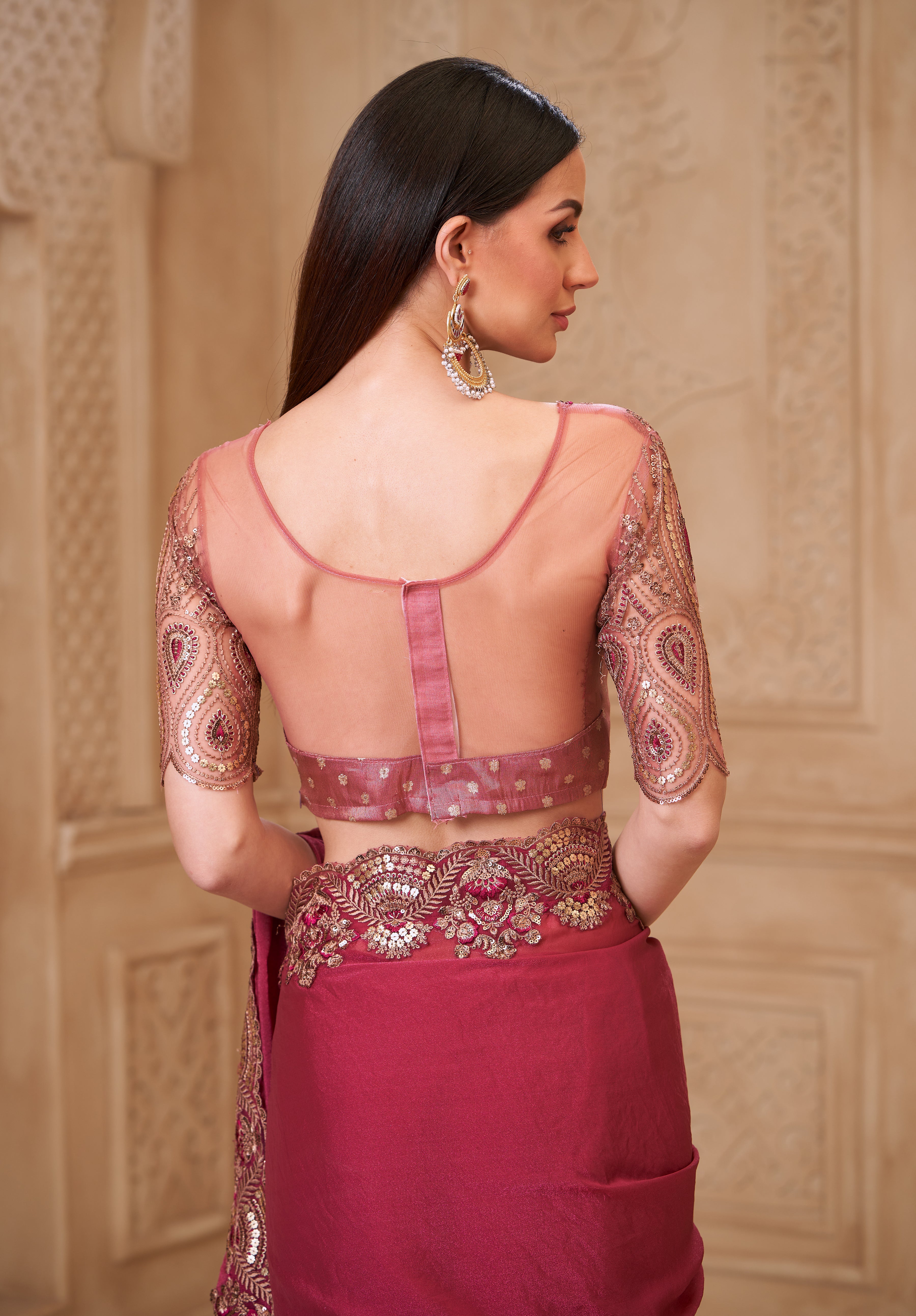 Light Wine Saree With Heavy Thread Embroidery Sequins Border Work With Embroidery Blouse