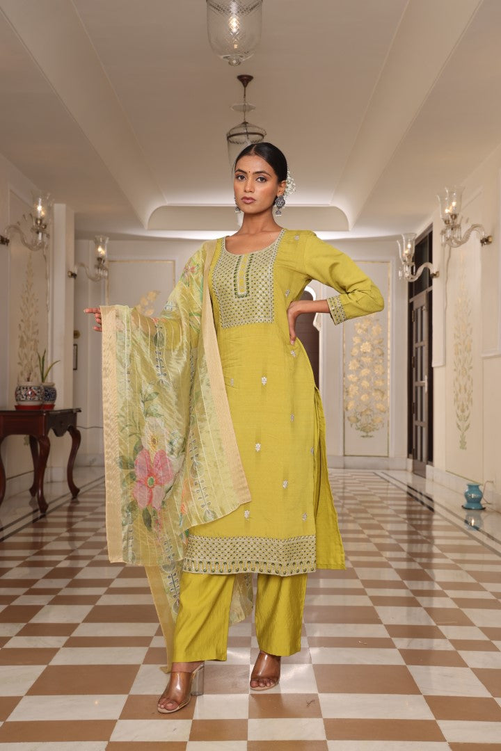 Light Yellow Cotton Silk Designer Suit Set With Handcrafted Embroidery