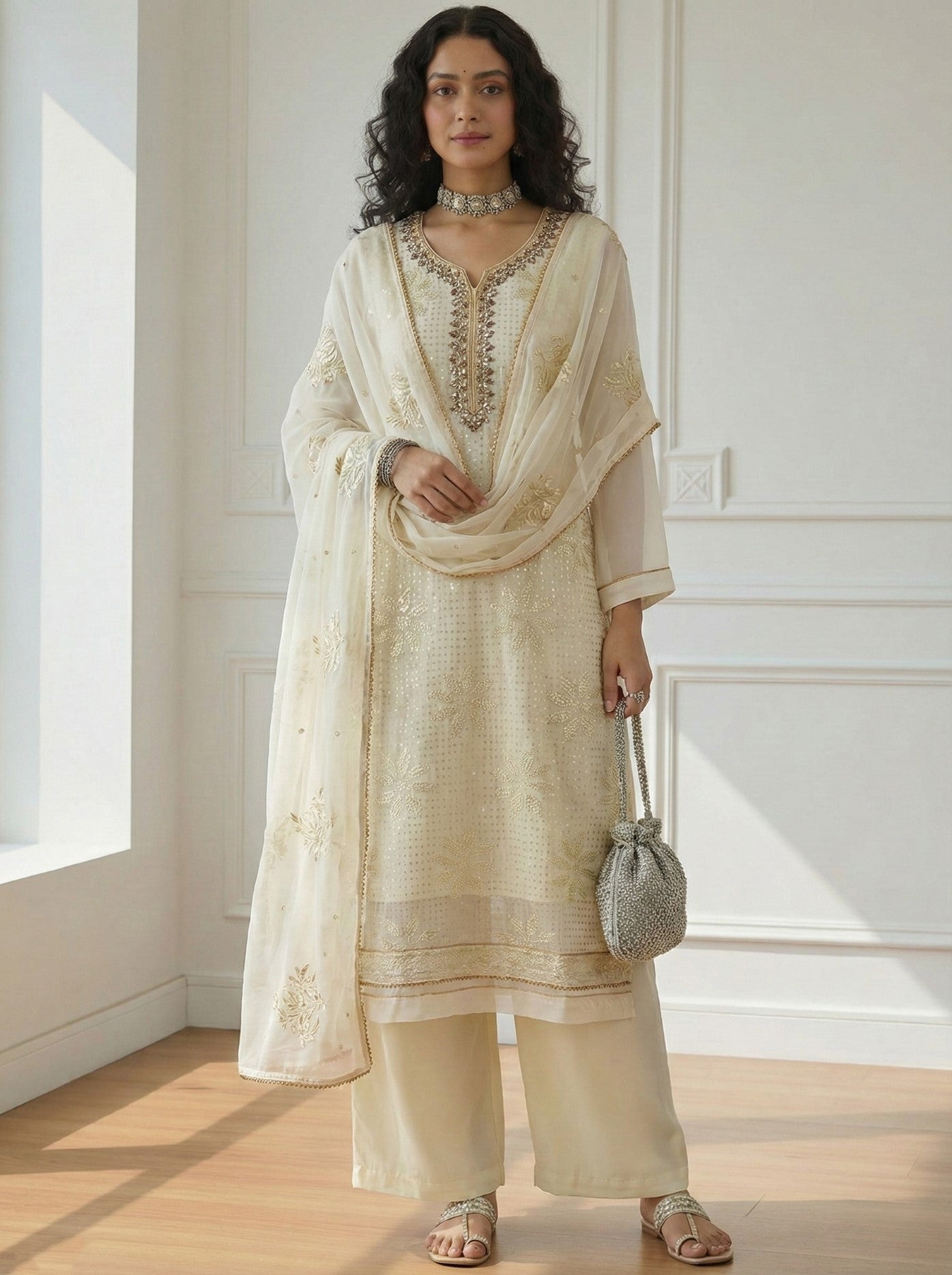 Light Yellow Georgette Salwar Suit With Khatli Embroidery